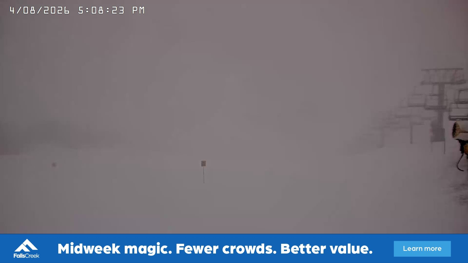 Falls Creek Main Street snow cam captured at 4 August 2026 at 5:15 pm AEST