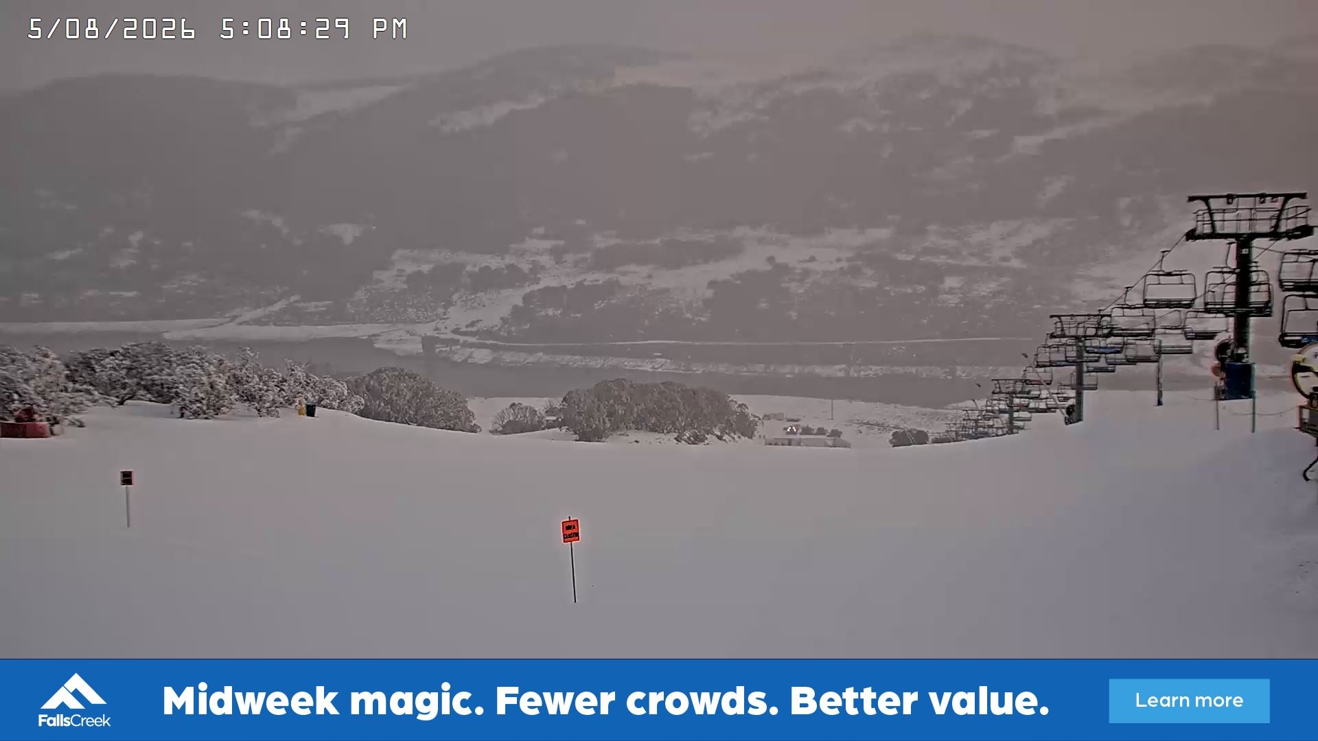 Falls Creek Main Street snow cam captured at 5 August 2026 at 5:14 pm AEST