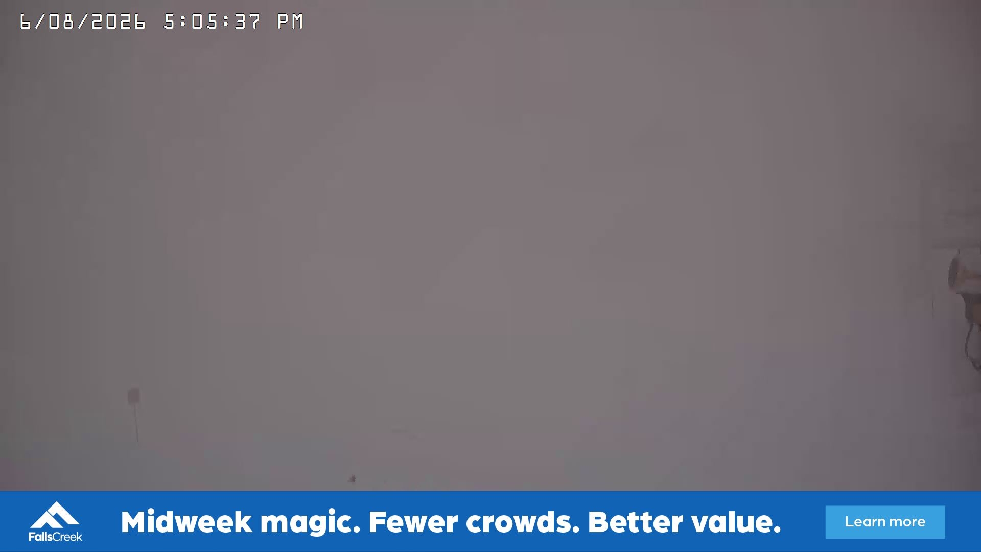 Falls Creek Main Street snow cam captured at 6 August 2026 at 5:14 pm AEST