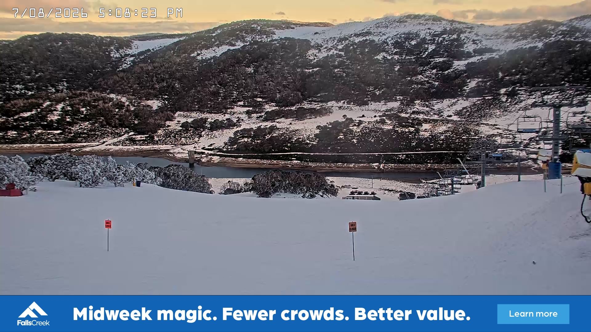 Falls Creek Main Street snow cam captured at 7 August 2026 at 5:15 pm AEST