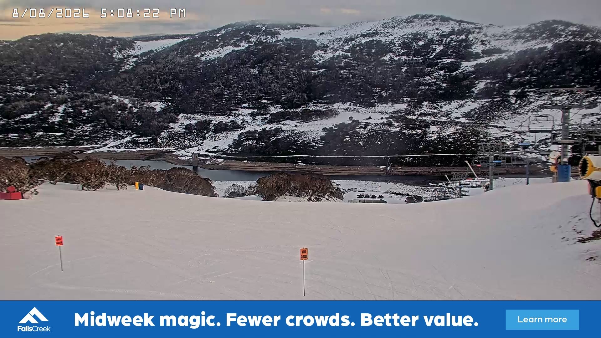Falls Creek Main Street snow cam captured at 8 August 2026 at 5:16 pm AEST