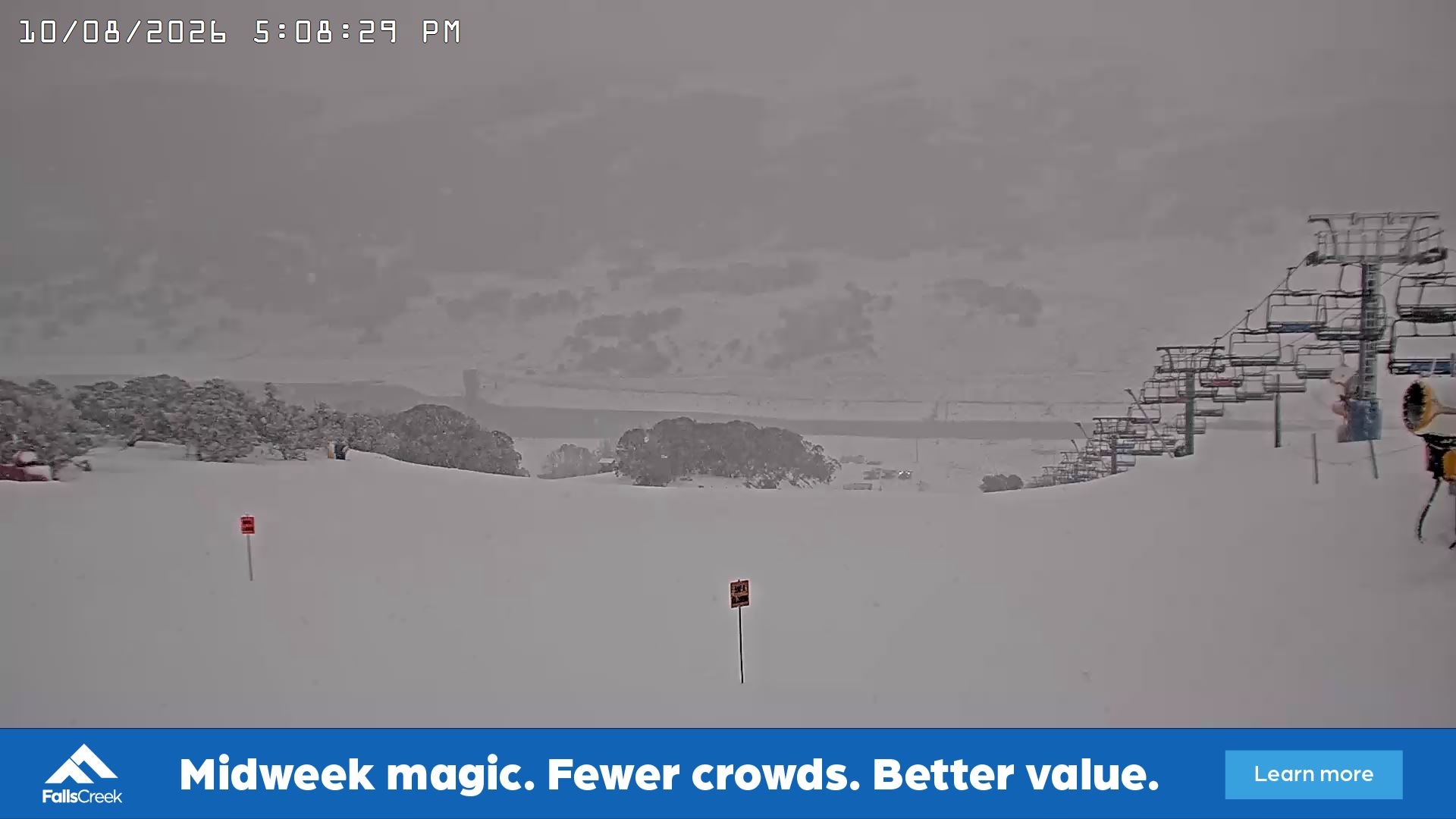 Falls Creek Main Street snow cam captured at 10 August 2026 at 5:12 pm AEST