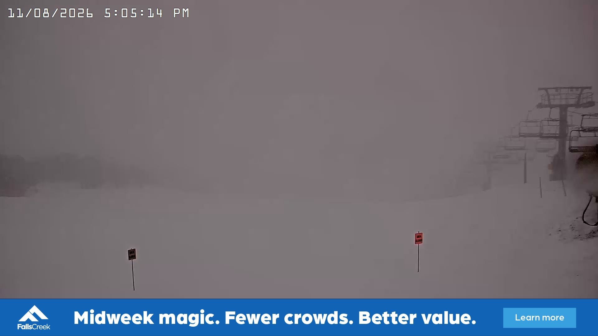 Falls Creek Main Street snow cam captured at 11 August 2026 at 5:13 pm AEST