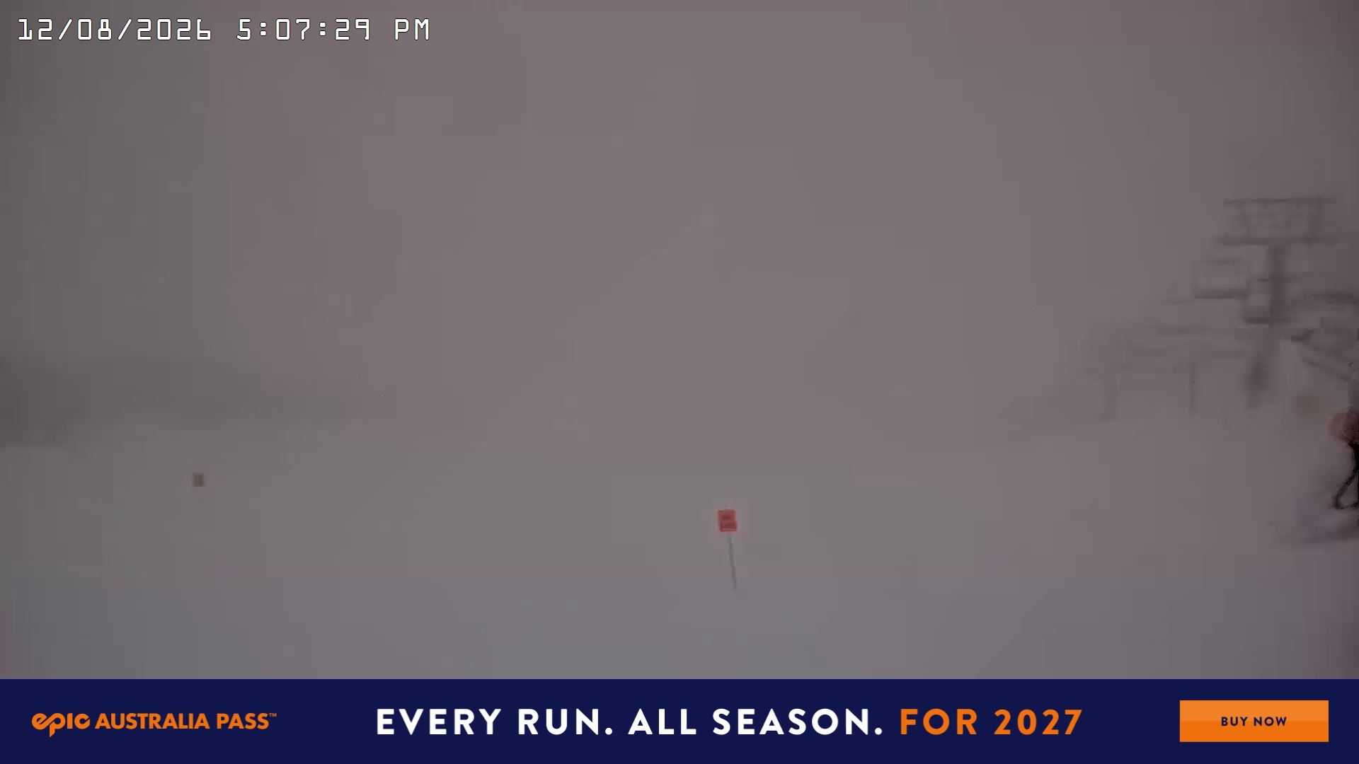 Falls Creek Main Street snow cam captured at 12 August 2026 at 5:16 pm AEST
