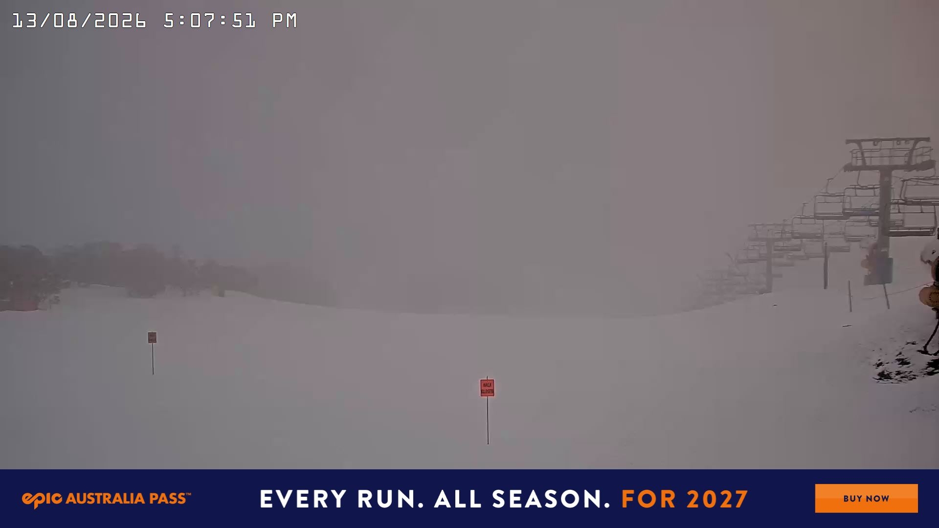 Falls Creek Main Street snow cam captured at 13 August 2026 at 5:18 pm AEST