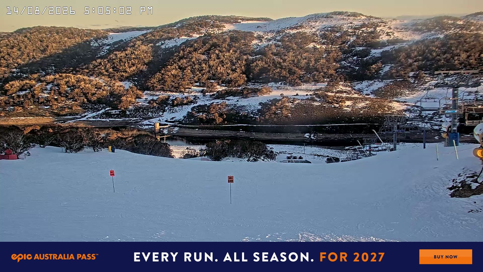 Falls Creek Main Street snow cam captured at 14 August 2026 at 5:19 pm AEST