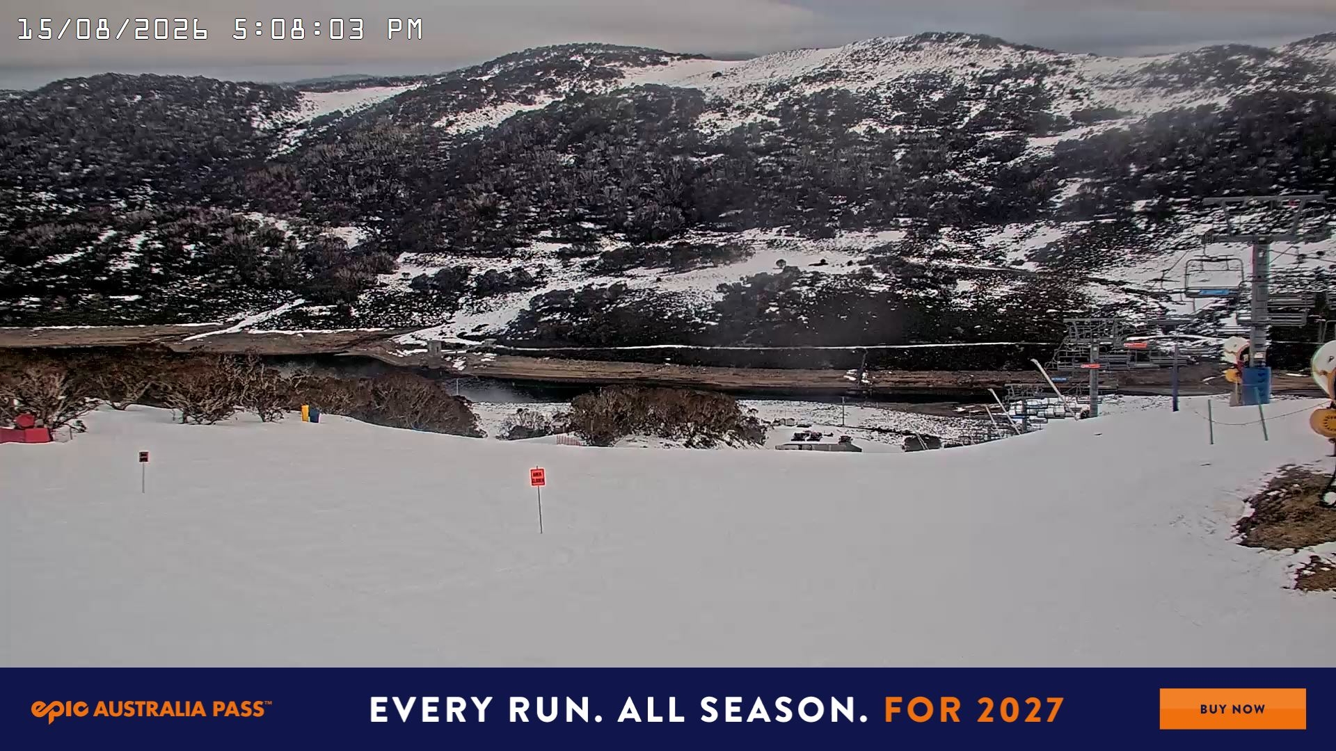 Falls Creek Main Street snow cam captured at 15 August 2026 at 5:20 pm AEST
