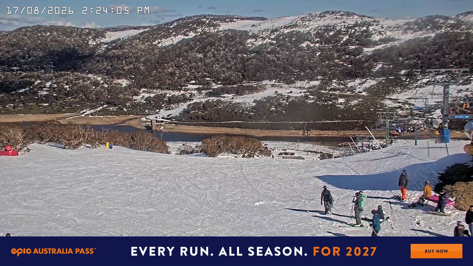 Falls Creek Main Street snow cam captured at 17 August 2026 at 2:37 pm AEST