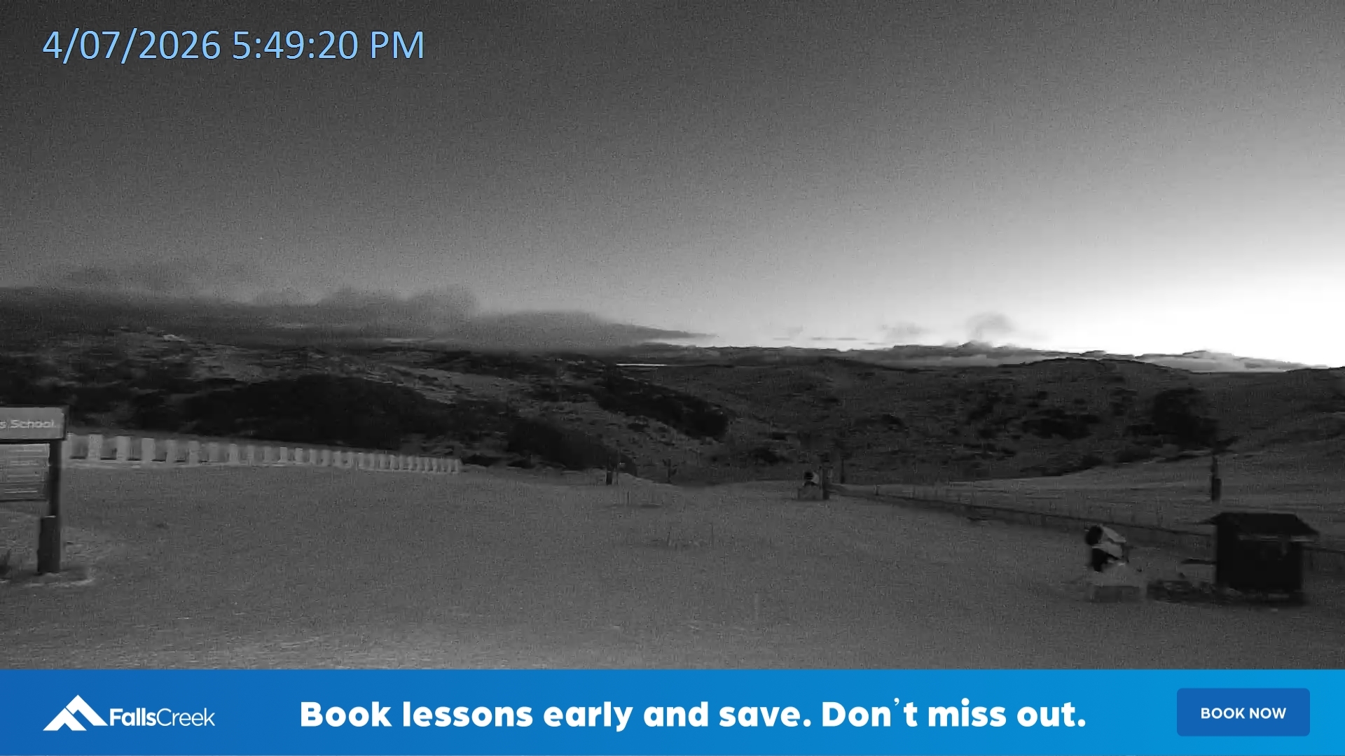 Falls Creek Mouse Trap snow cam captured at 4 July 2026 at 5:51 pm AEST
