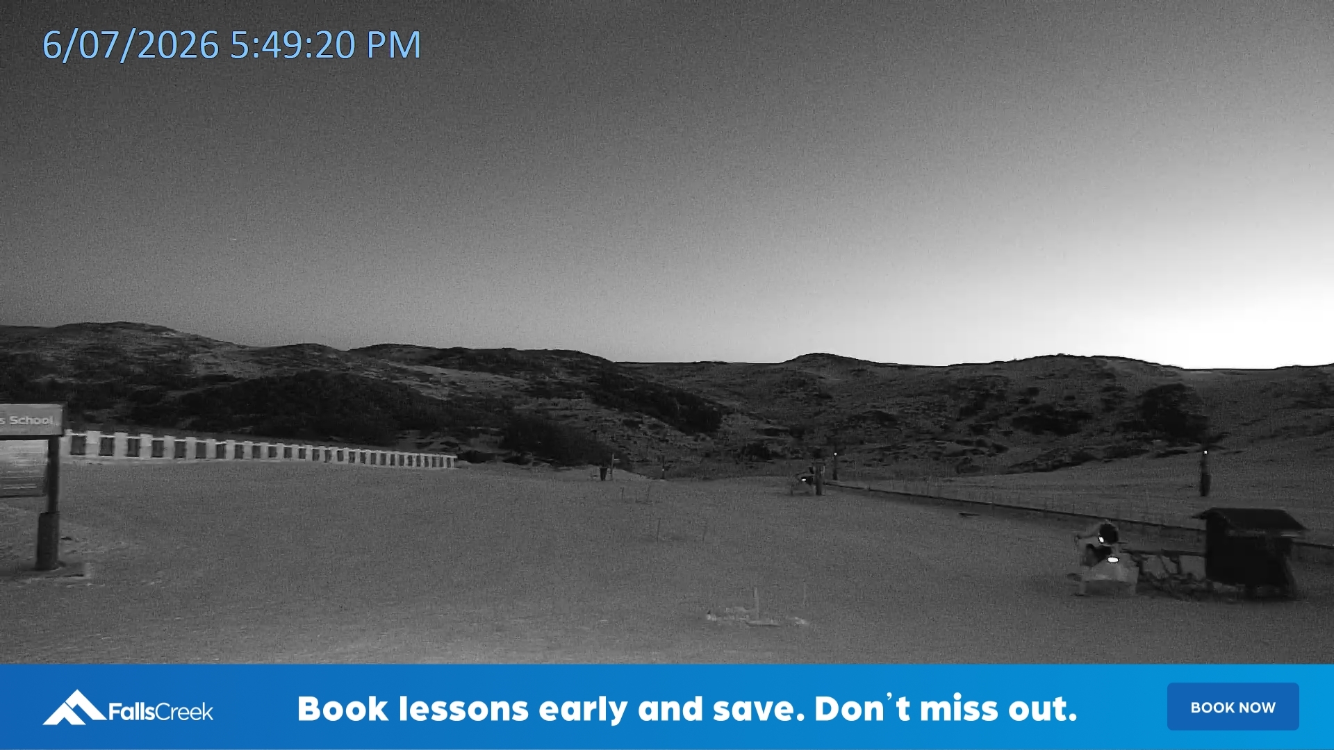 Falls Creek Mouse Trap snow cam captured at 6 July 2026 at 5:53 pm AEST