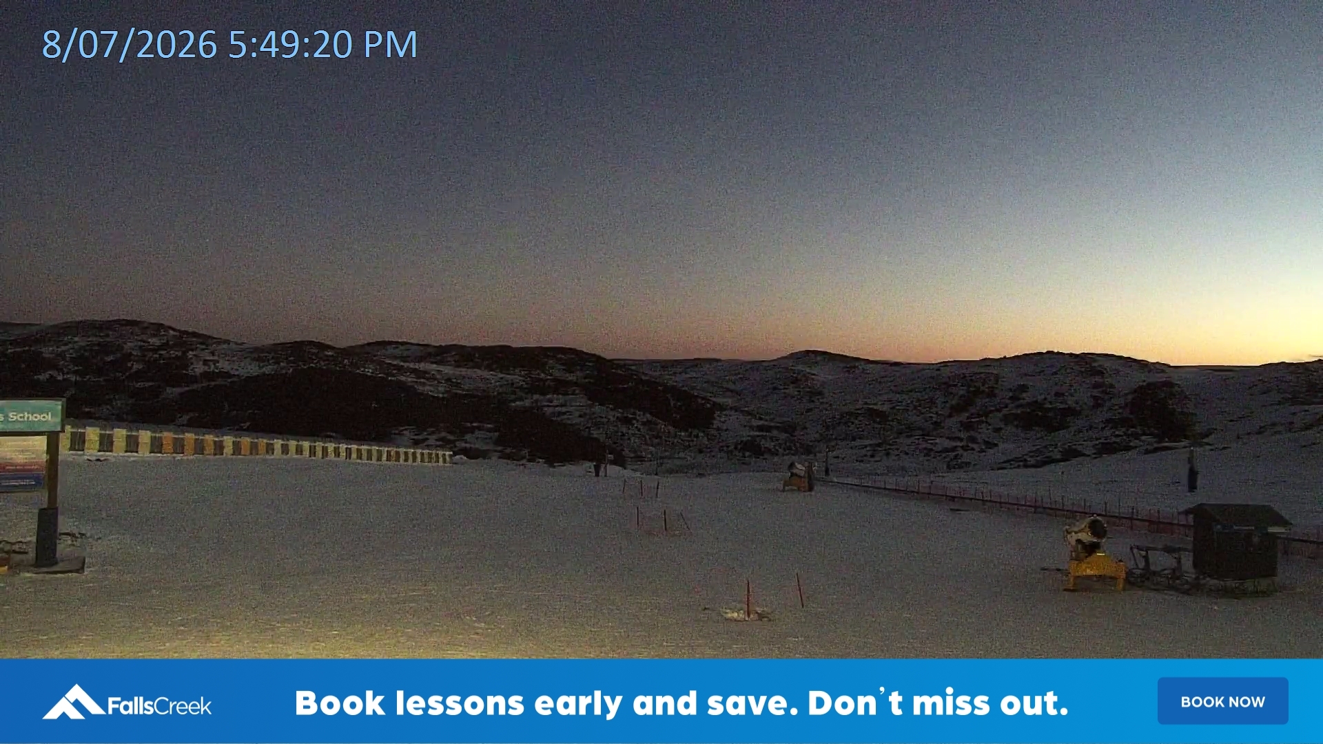 Falls Creek Mouse Trap snow cam captured at 8 July 2026 at 5:57 pm AEST
