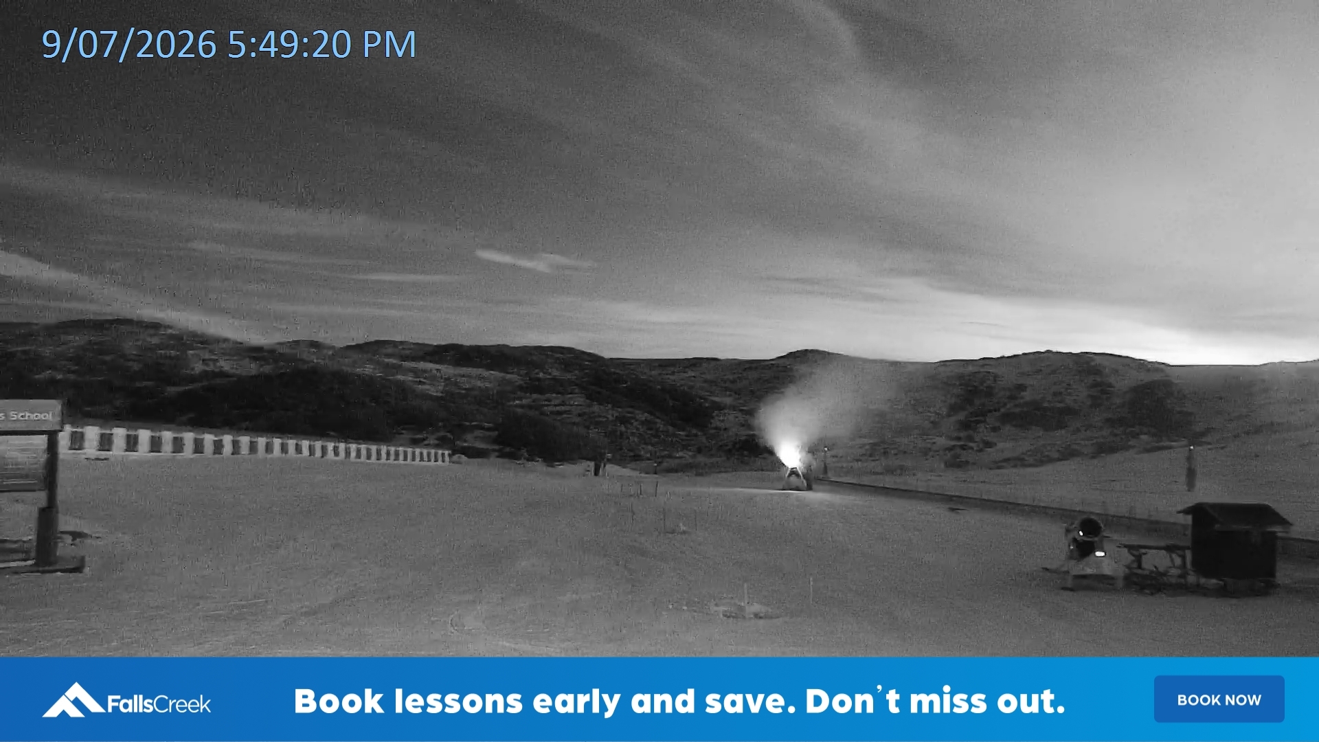Falls Creek Mouse Trap snow cam captured at 9 July 2026 at 5:58 pm AEST