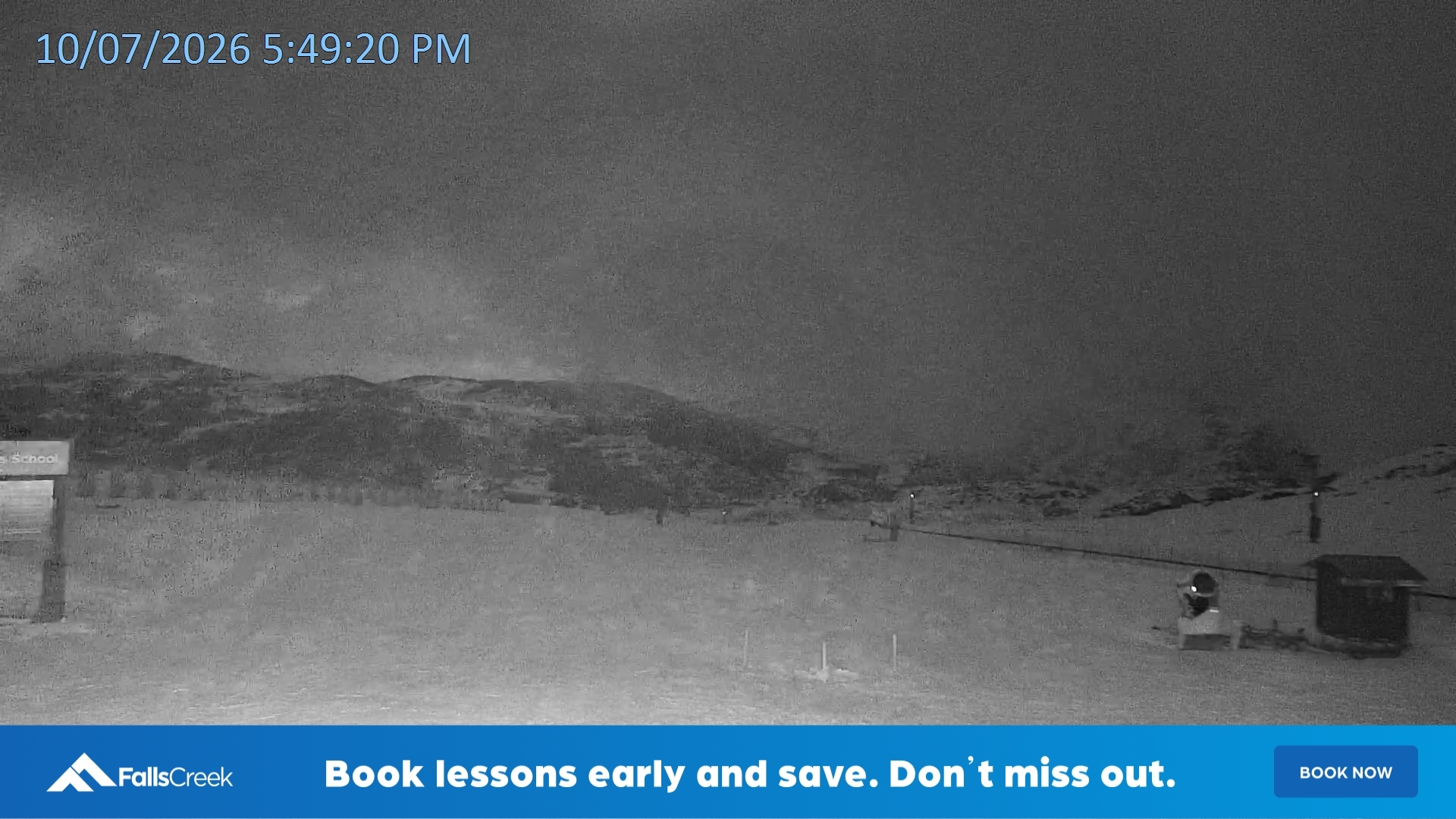 Falls Creek Mouse Trap snow cam captured at 10 July 2026 at 5:59 pm AEST