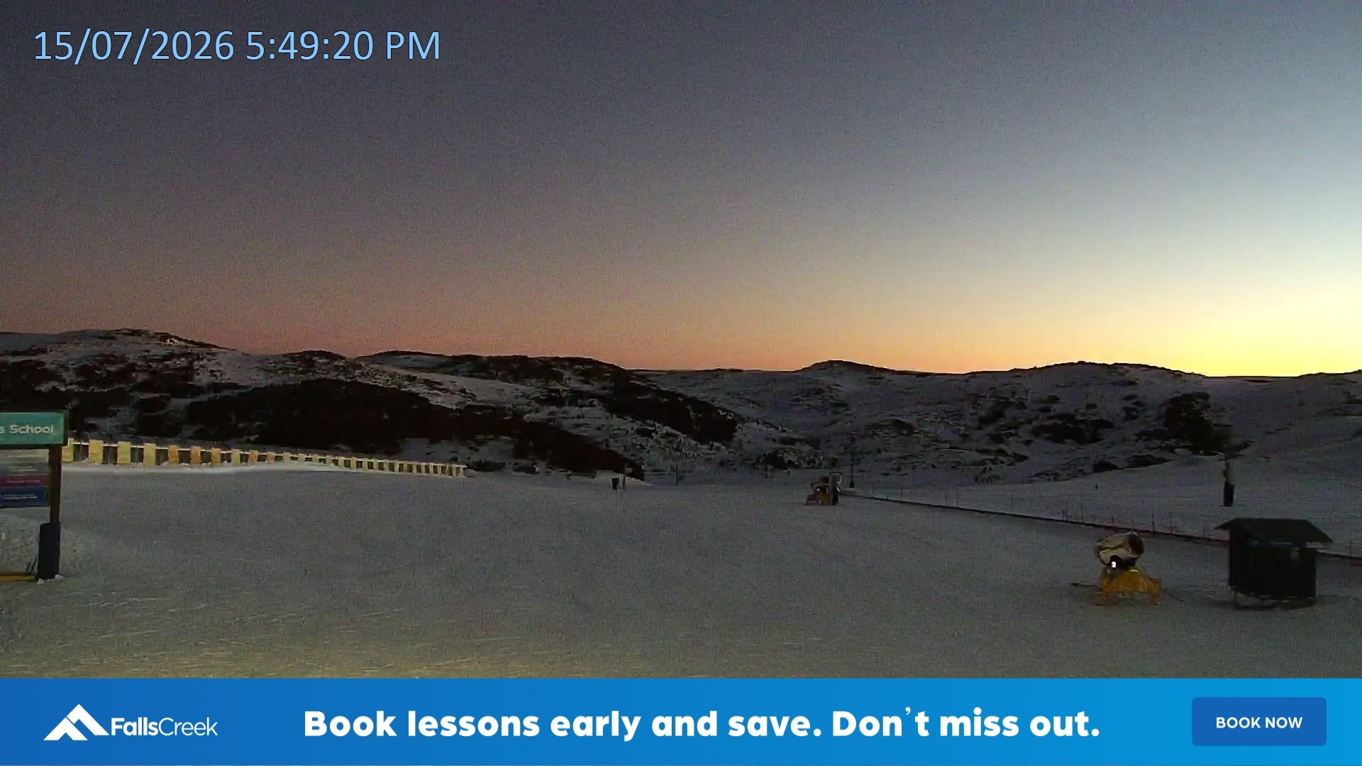 Falls Creek Mouse Trap snow cam captured at 15 July 2026 at 5:51 pm AEST
