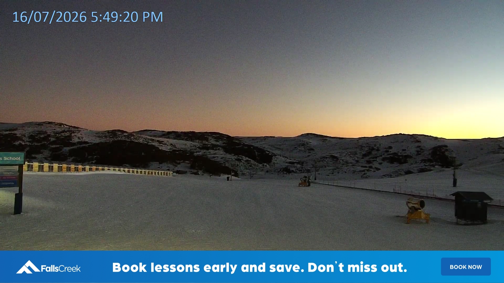Falls Creek Mouse Trap snow cam captured at 16 July 2026 at 5:52 pm AEST