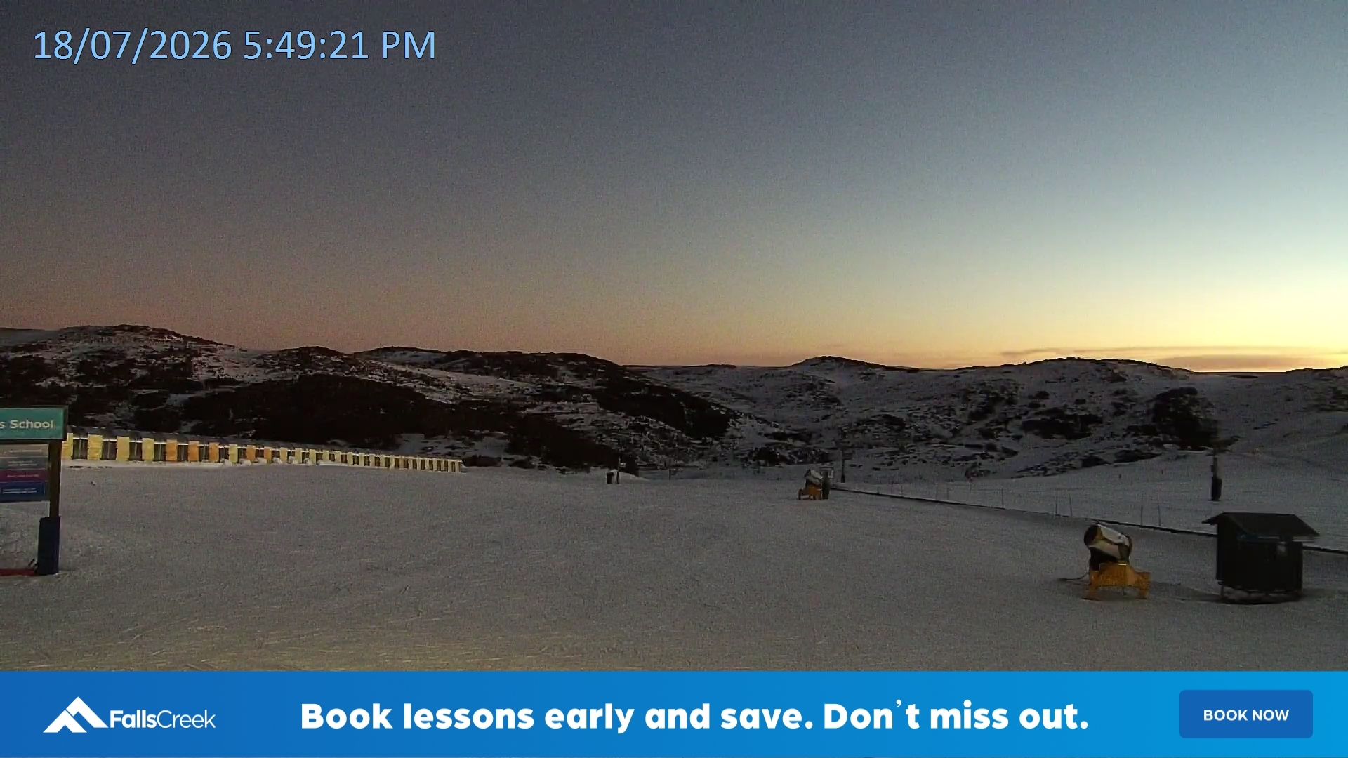 Falls Creek Mouse Trap snow cam captured at 18 July 2026 at 5:54 pm AEST