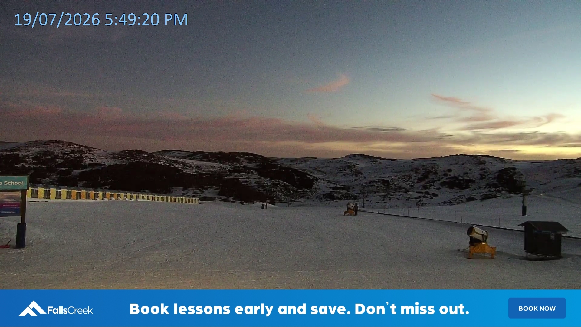 Falls Creek Mouse Trap snow cam captured at 19 July 2026 at 5:55 pm AEST