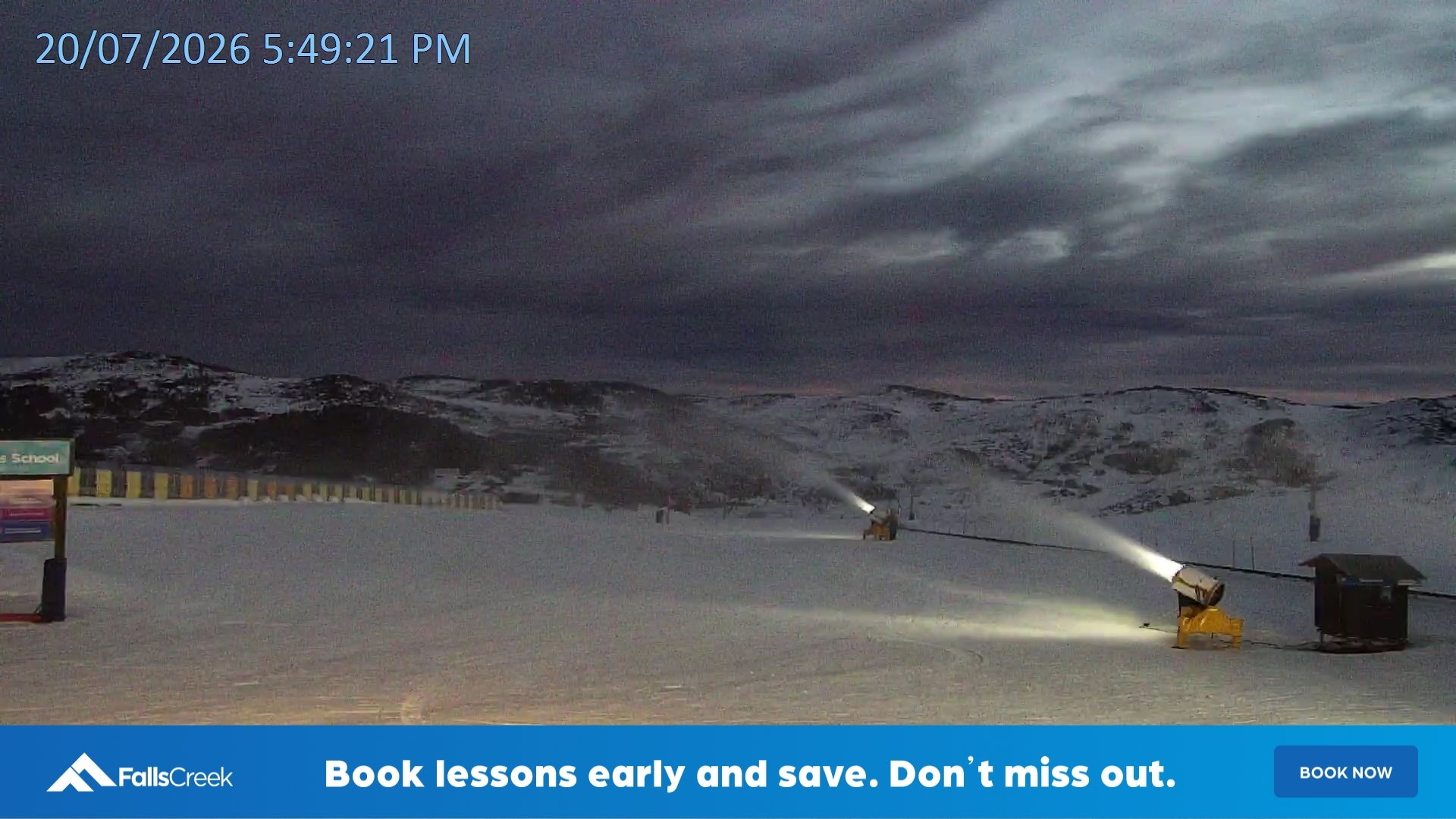 Falls Creek Mouse Trap snow cam captured at 20 July 2026 at 5:56 pm AEST