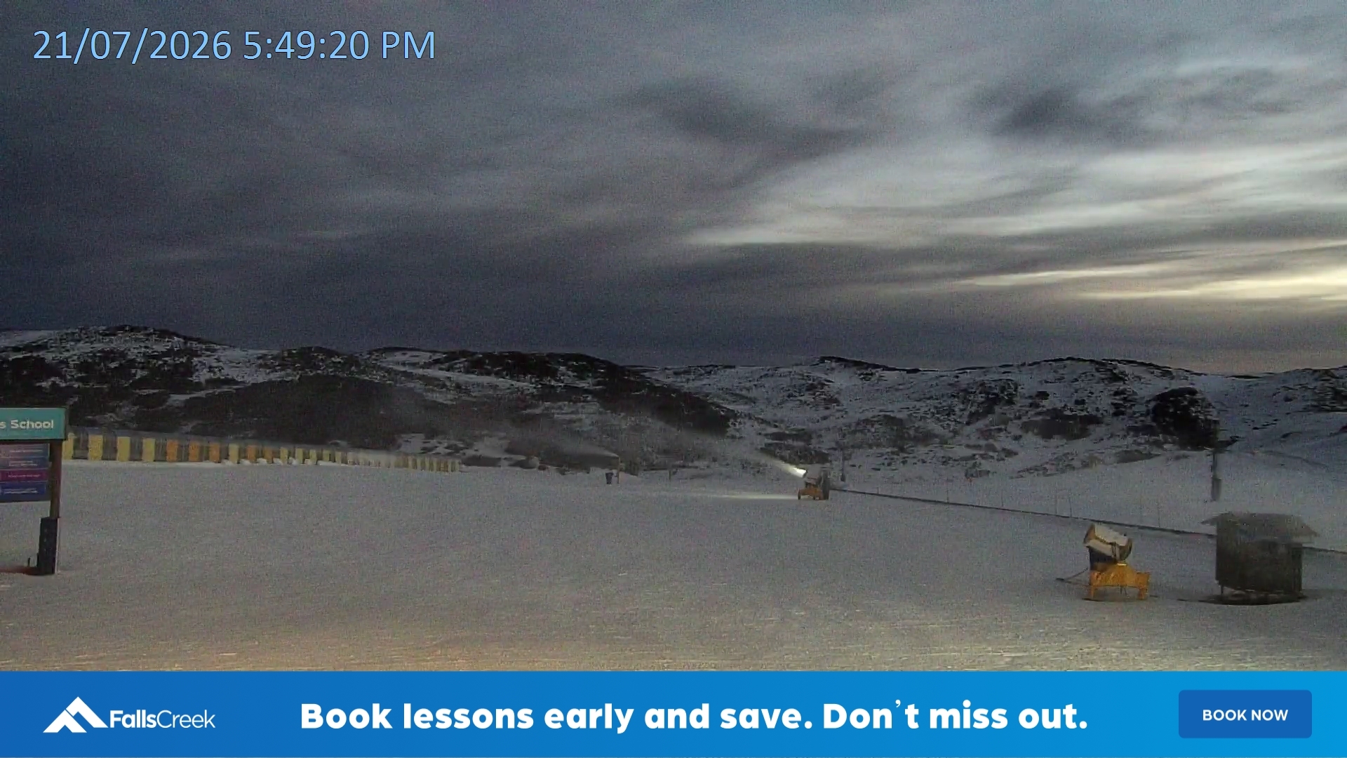 Falls Creek Mouse Trap snow cam captured at 21 July 2026 at 5:59 pm AEST