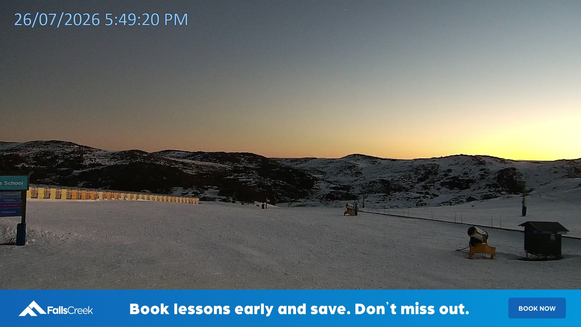 Falls Creek Mouse Trap snow cam captured at 26 July 2026 at 5:54 pm AEST