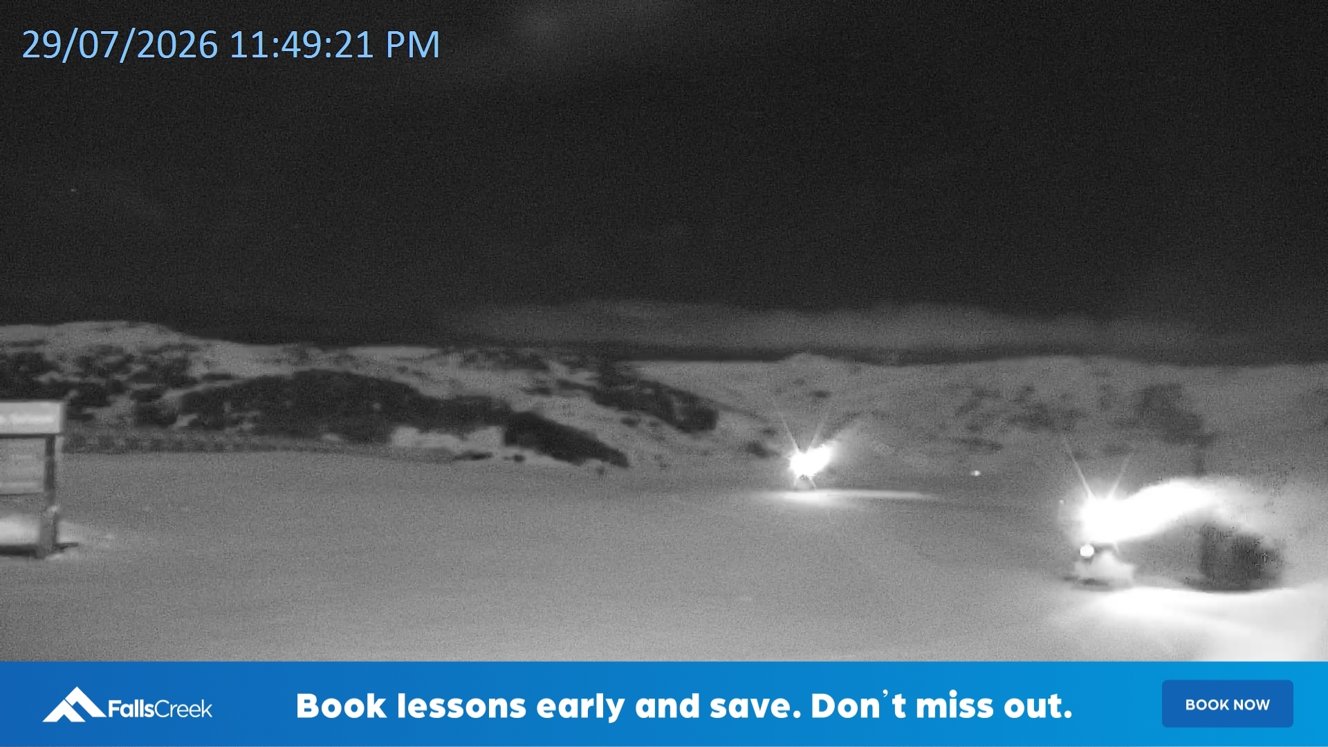 Falls Creek Mouse Trap snow cam captured at 29 July 2026 at 11:59 pm AEST
