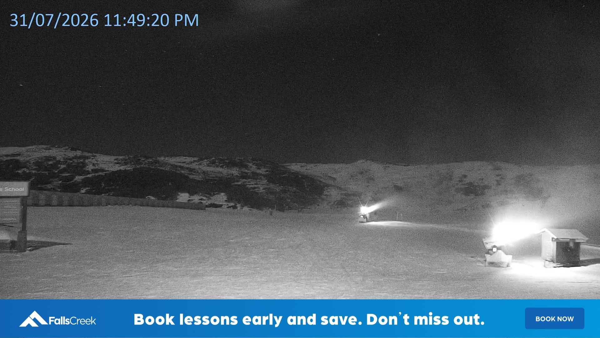 Falls Creek Mouse Trap snow cam captured at 31 July 2026 at 11:54 pm AEST