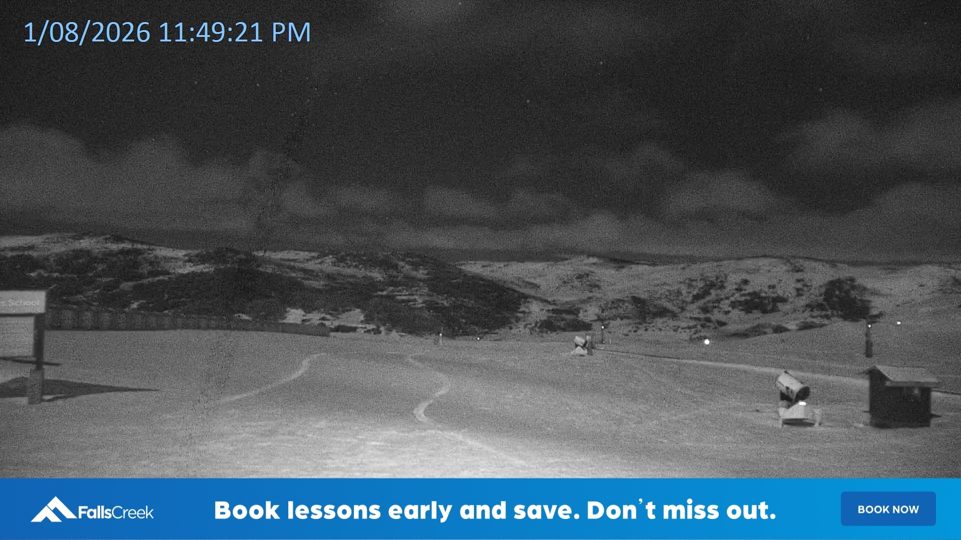 Falls Creek Mouse Trap snow cam captured at 1 August 2026 at 11:51 pm AEST