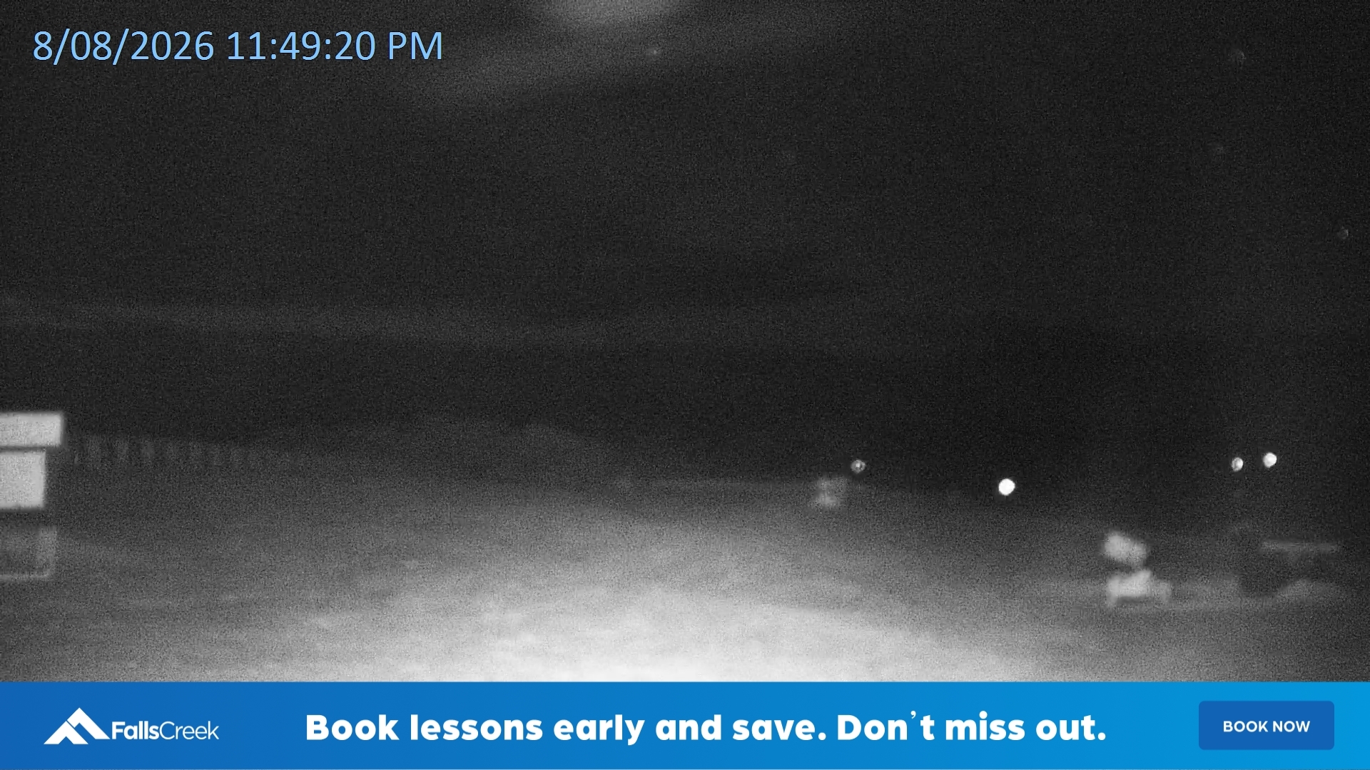 Falls Creek Mouse Trap snow cam captured at 8 August 2026 at 11:57 pm AEST