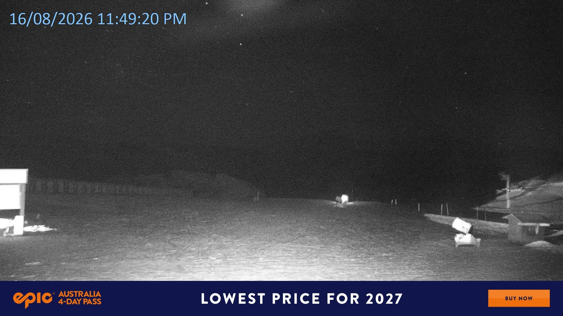 Falls Creek Mouse Trap snow cam captured at 16 August 2026 at 11:57 pm AEST