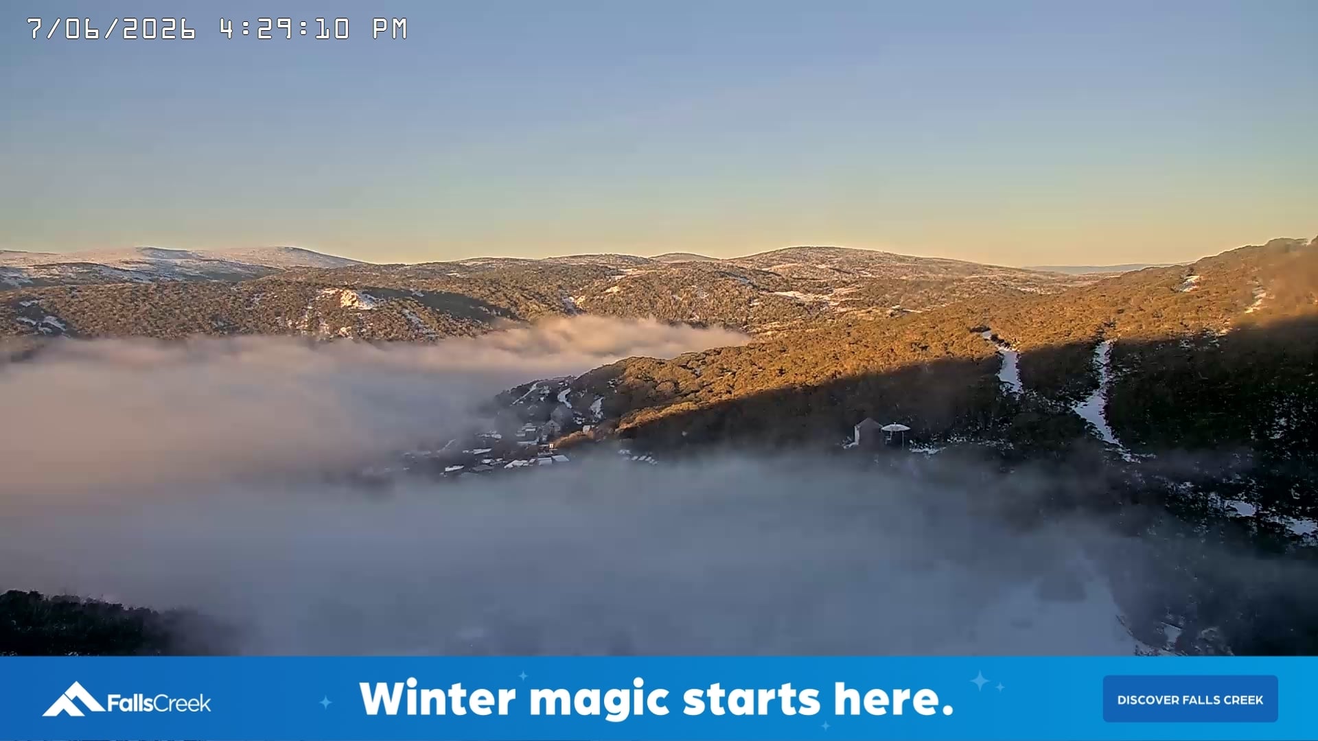 Falls Creek Village snow cam captured at 7 June 2026, 6:34 am