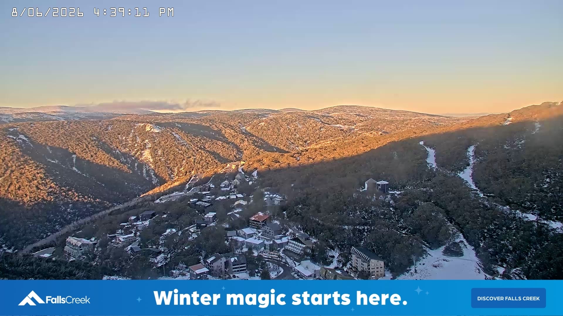 Falls Creek Village snow cam captured at 8 June 2026, 6:46 am