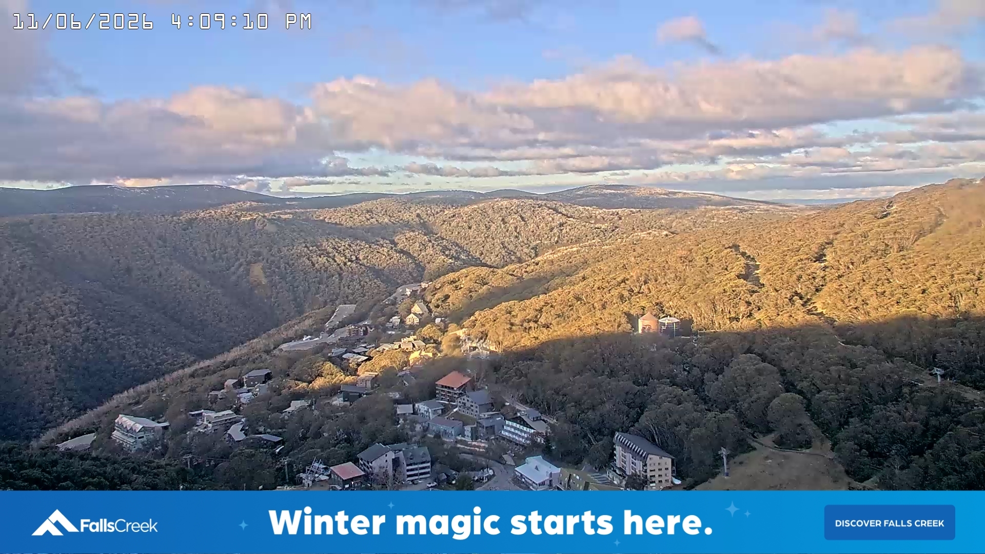 Falls Creek Village snow cam captured at 11 June 2026, 6:14 am