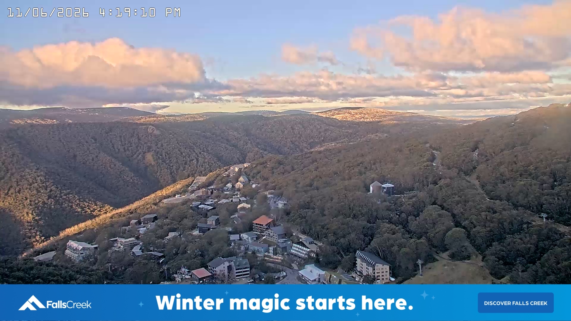 Falls Creek Village snow cam captured at 11 June 2026, 6:20 am
