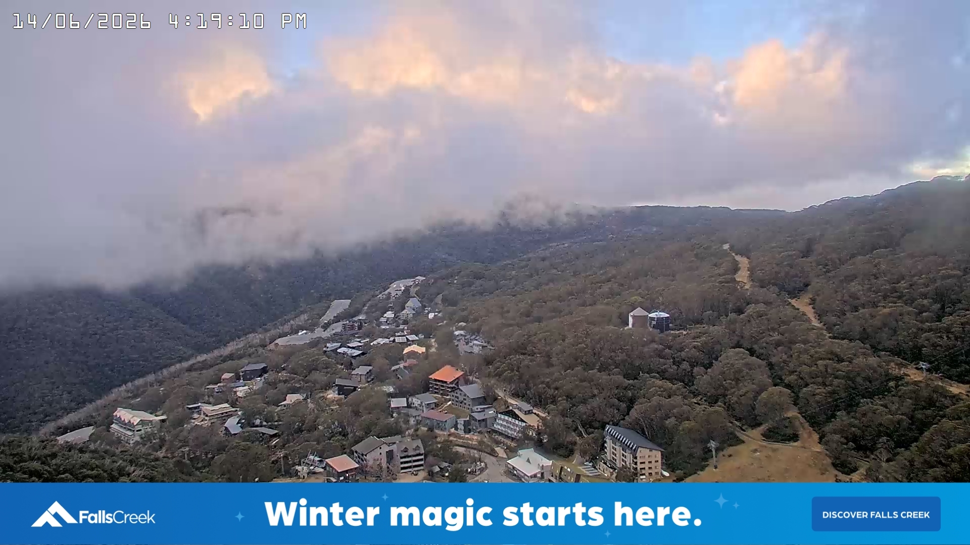 Falls Creek Village snow cam captured at 14 June 2026, 6:23 am
