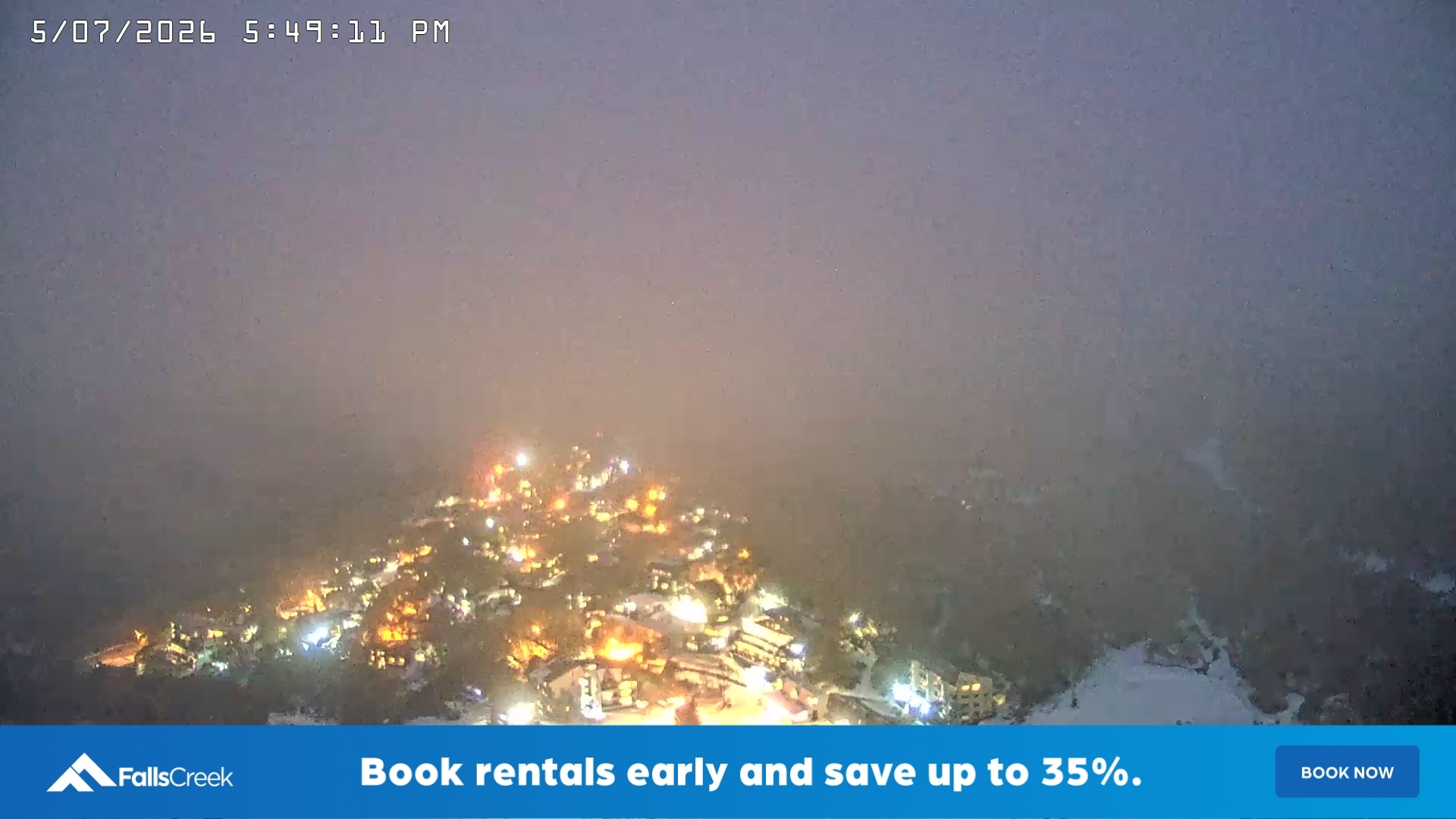 Falls Creek Village View snow cam captured at 5 July 2026 at 5:52 pm AEST