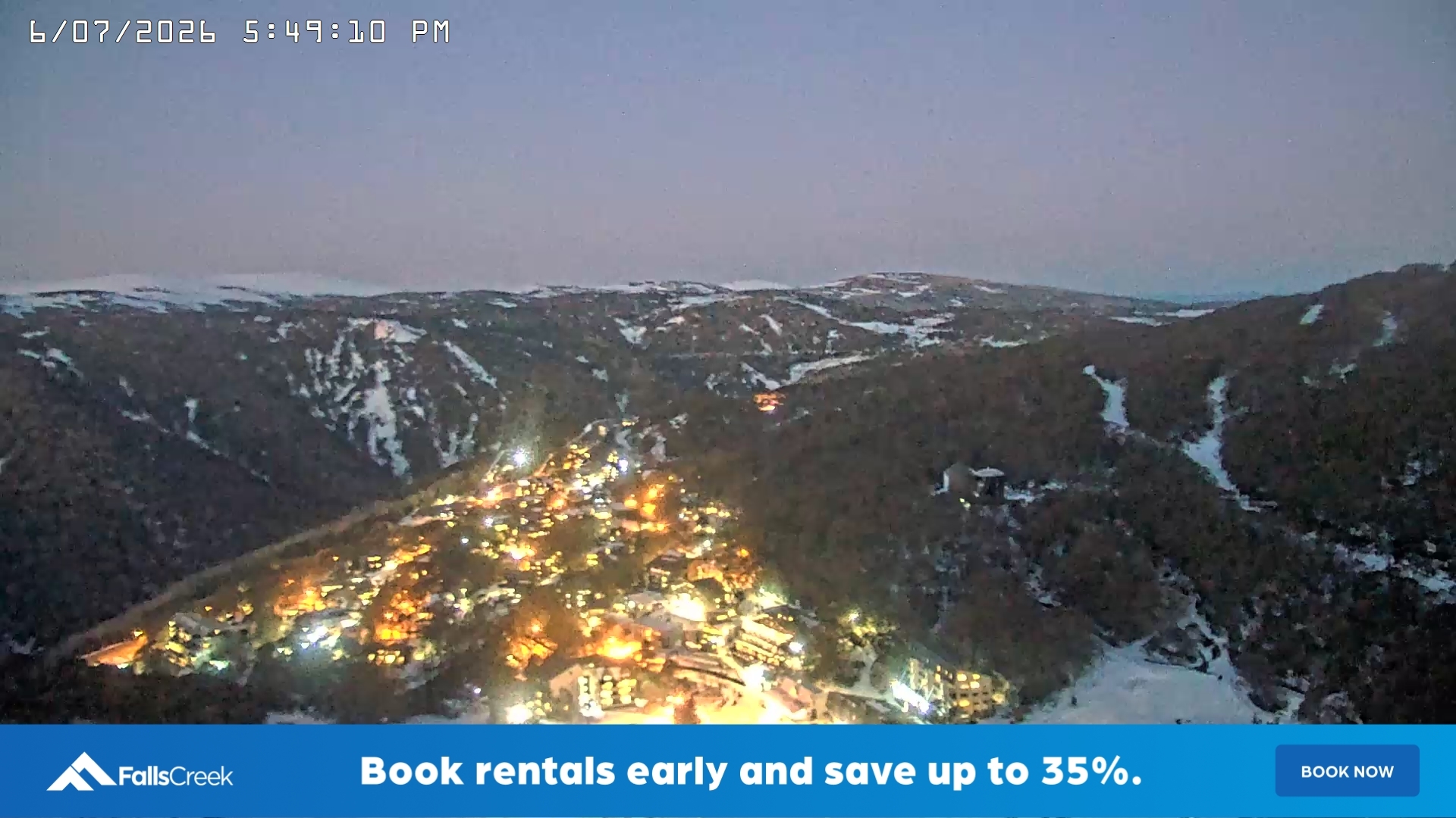 Falls Creek Village View snow cam captured at 6 July 2026 at 5:53 pm AEST
