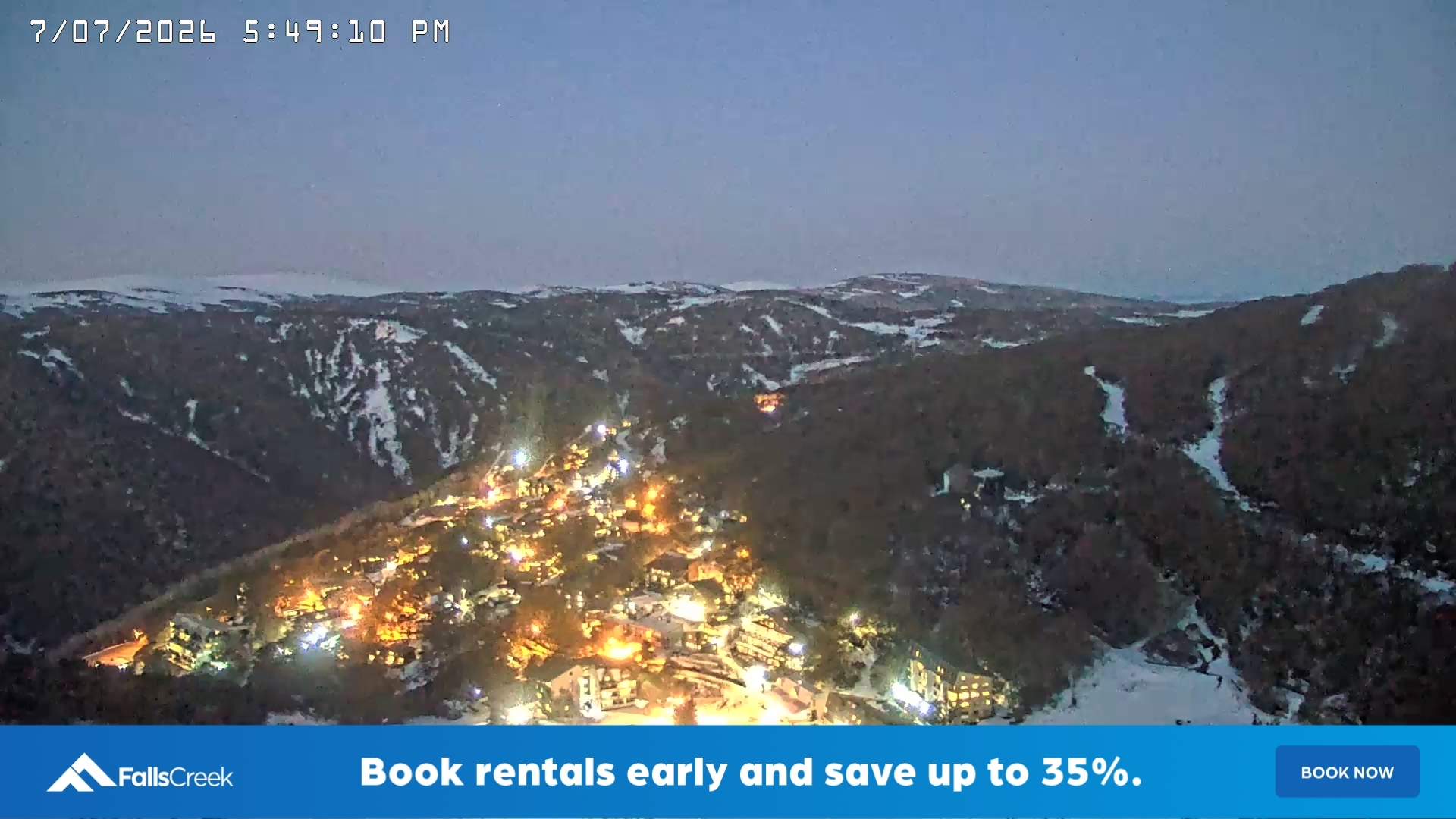 Falls Creek Village View snow cam captured at 7 July 2026 at 5:54 pm AEST