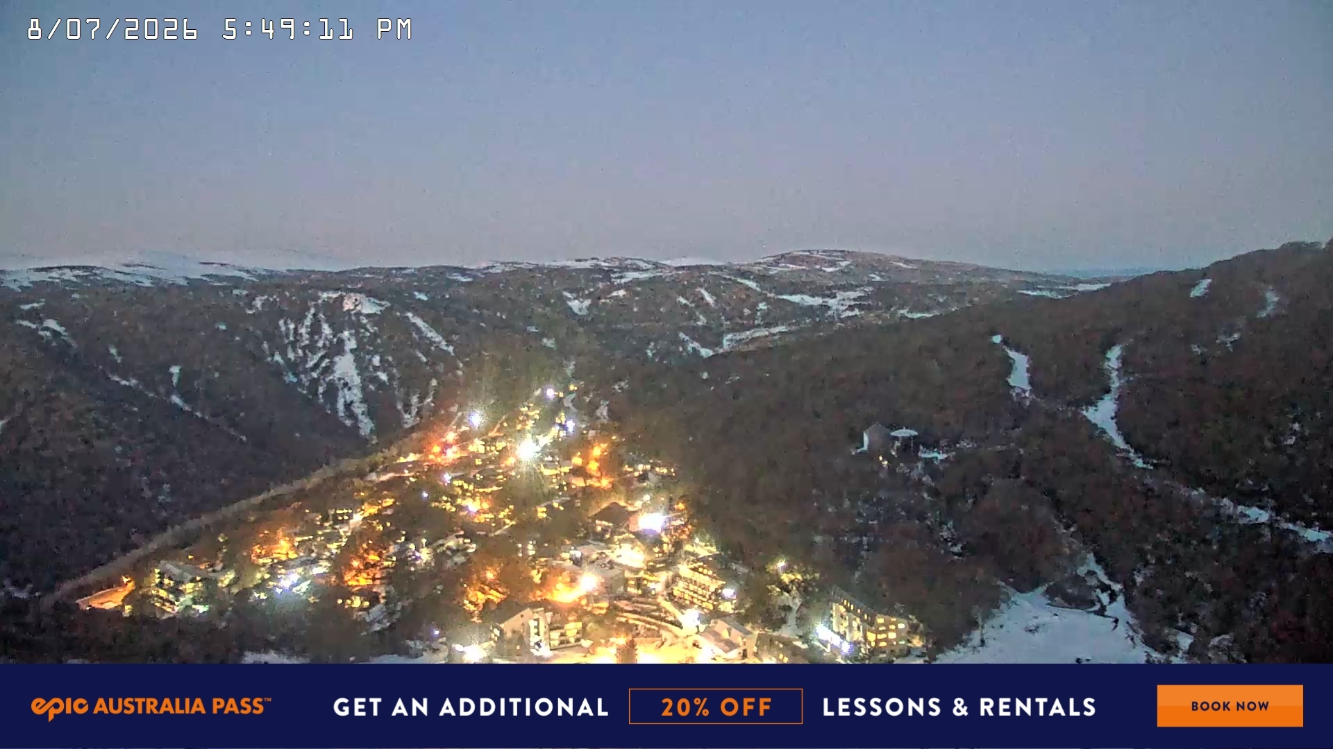 Falls Creek Village View snow cam captured at 8 July 2026 at 5:57 pm AEST