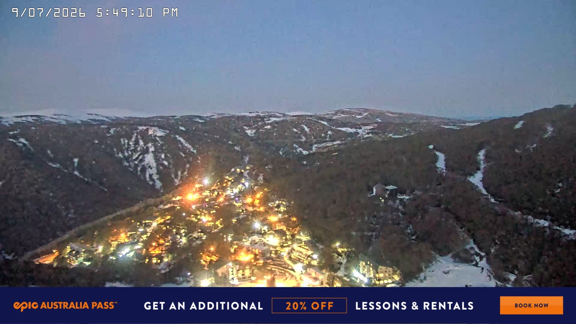 Falls Creek Village View snow cam captured at 9 July 2026 at 5:58 pm AEST