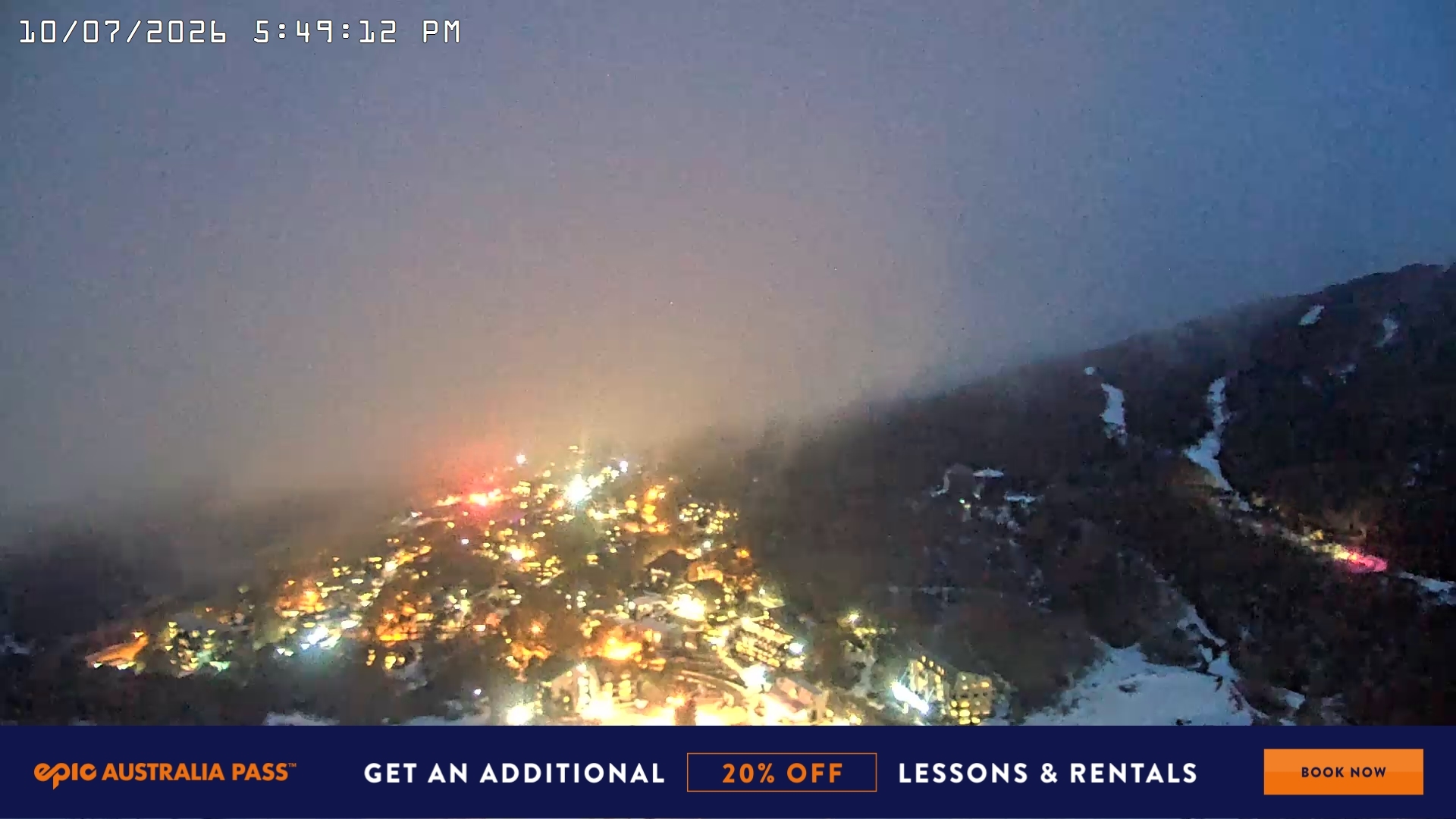 Falls Creek Village View snow cam captured at 10 July 2026 at 5:59 pm AEST