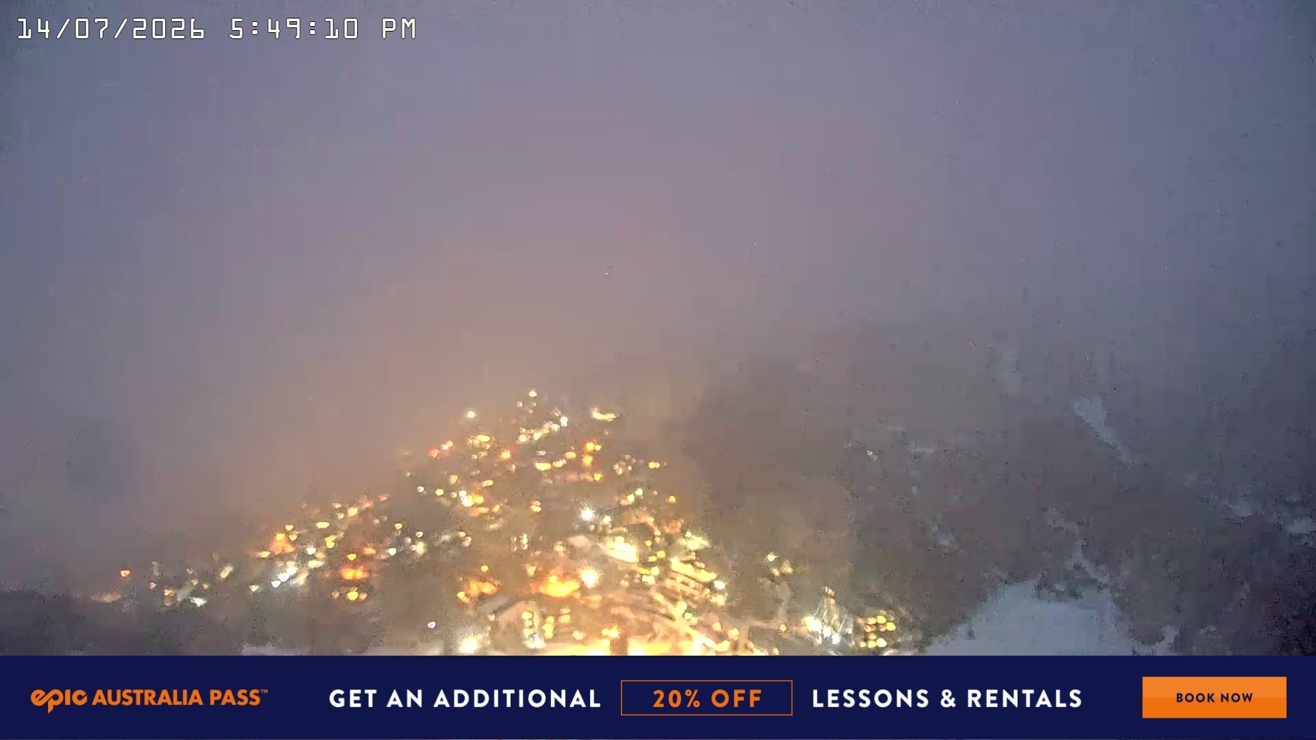 Falls Creek Village View snow cam captured at 14 July 2026 at 5:50 pm AEST