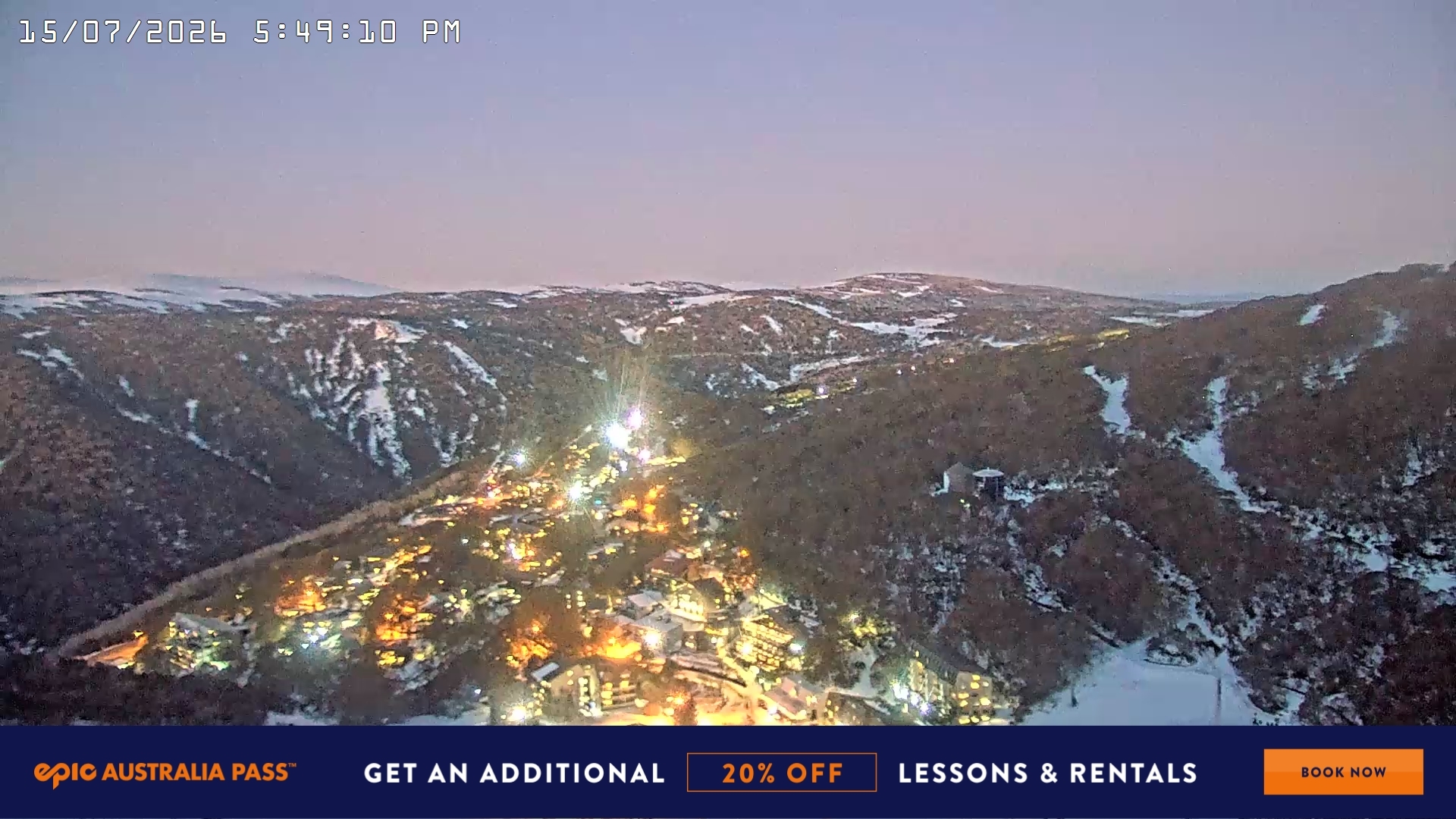 Falls Creek Village View snow cam captured at 15 July 2026 at 5:51 pm AEST