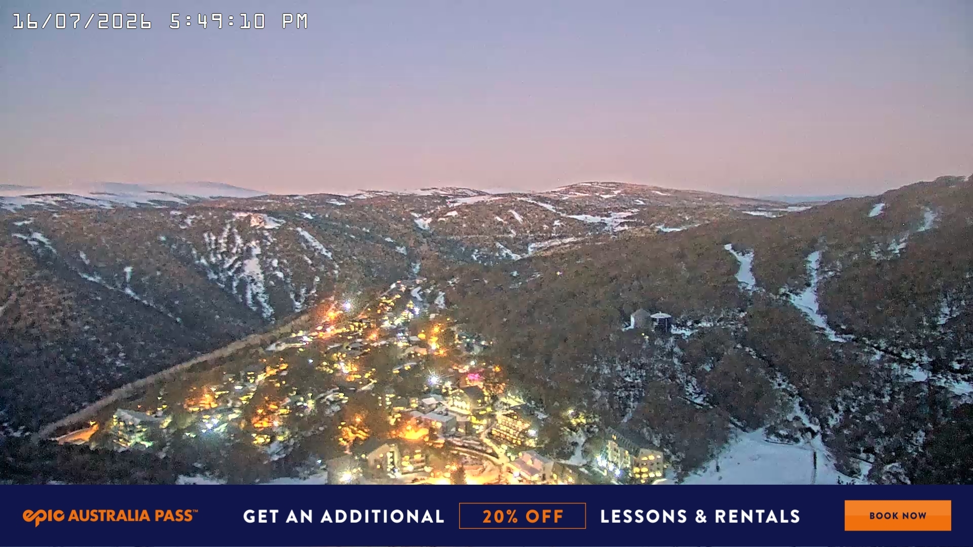 Falls Creek Village View snow cam captured at 16 July 2026 at 5:52 pm AEST