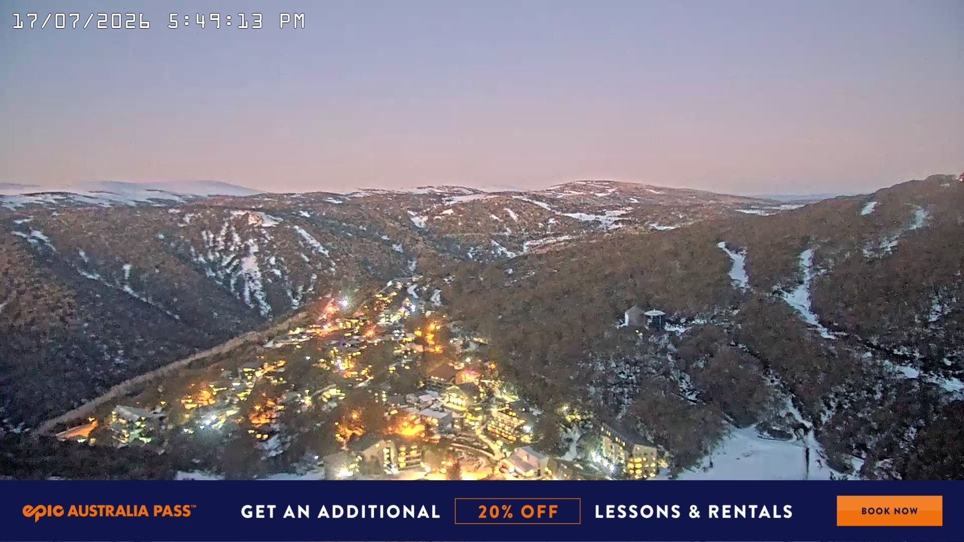 Falls Creek Village View snow cam captured at 17 July 2026 at 5:53 pm AEST