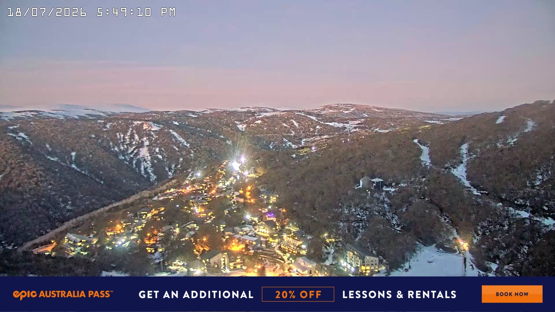 Falls Creek Village View snow cam captured at 18 July 2026 at 5:54 pm AEST