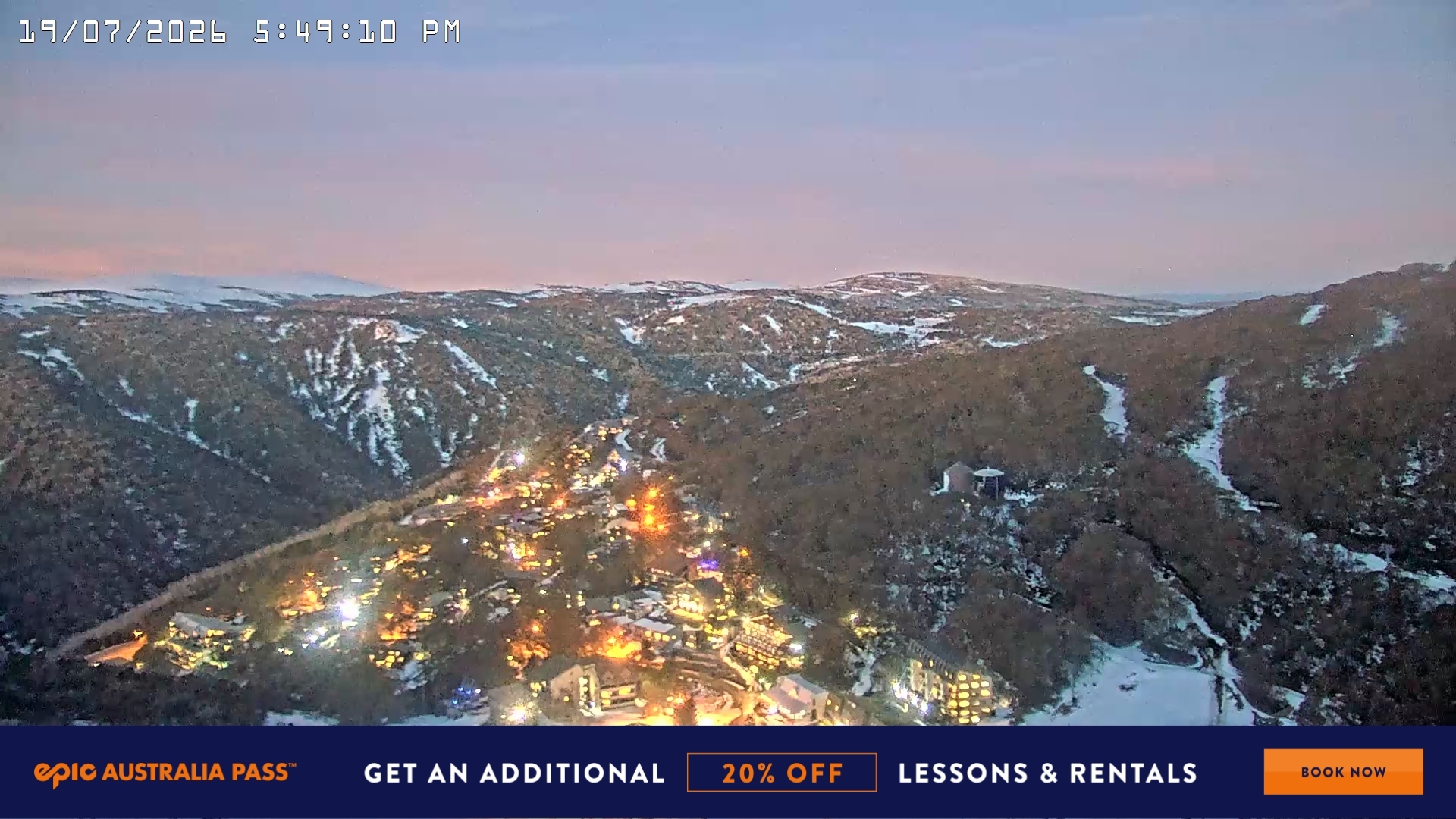 Falls Creek Village View snow cam captured at 19 July 2026 at 5:55 pm AEST