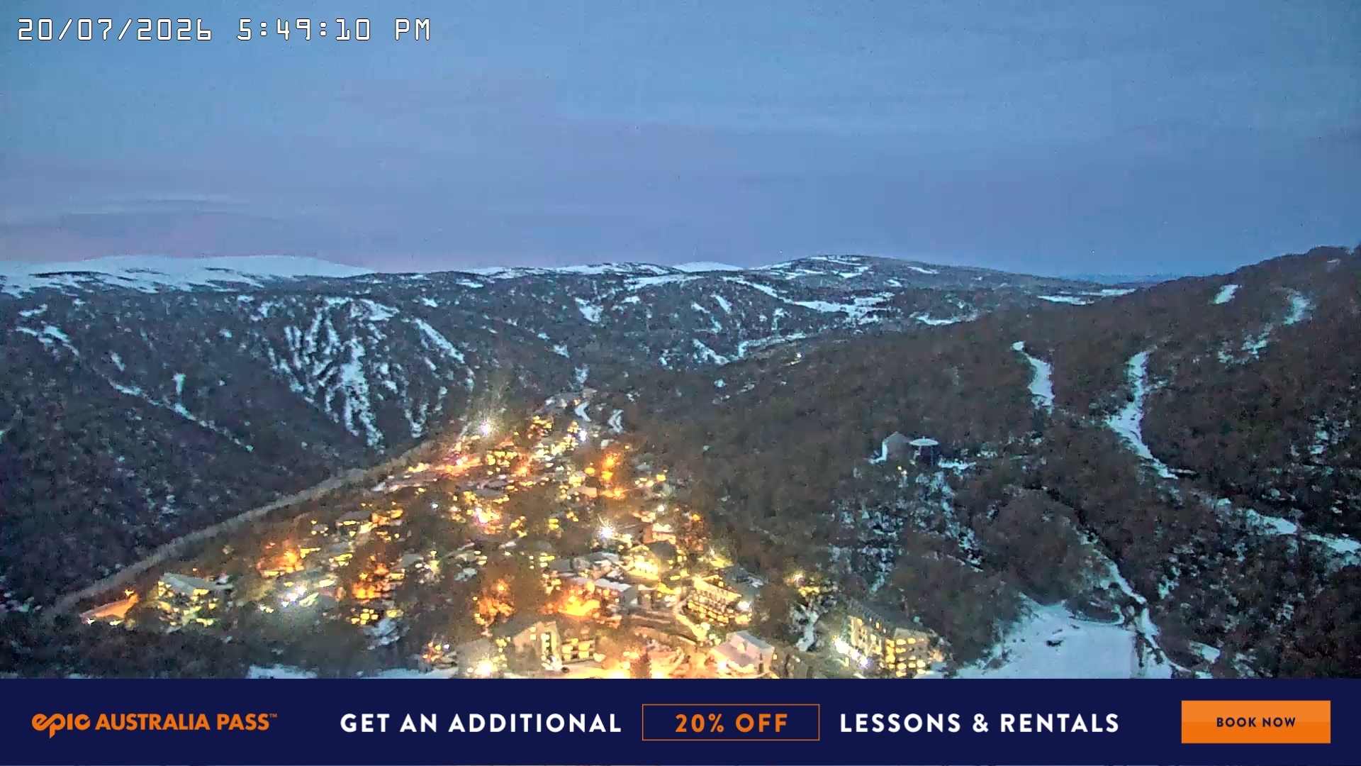 Falls Creek Village View snow cam captured at 20 July 2026 at 5:56 pm AEST