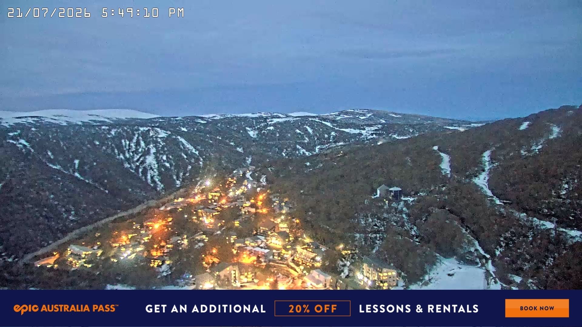 Falls Creek Village View snow cam captured at 21 July 2026 at 5:57 pm AEST