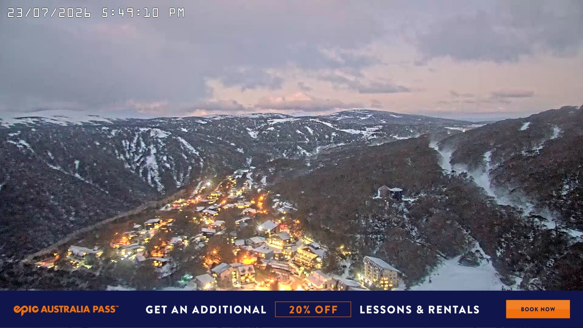 Falls Creek Village View snow cam captured at 23 July 2026 at 5:59 pm AEST