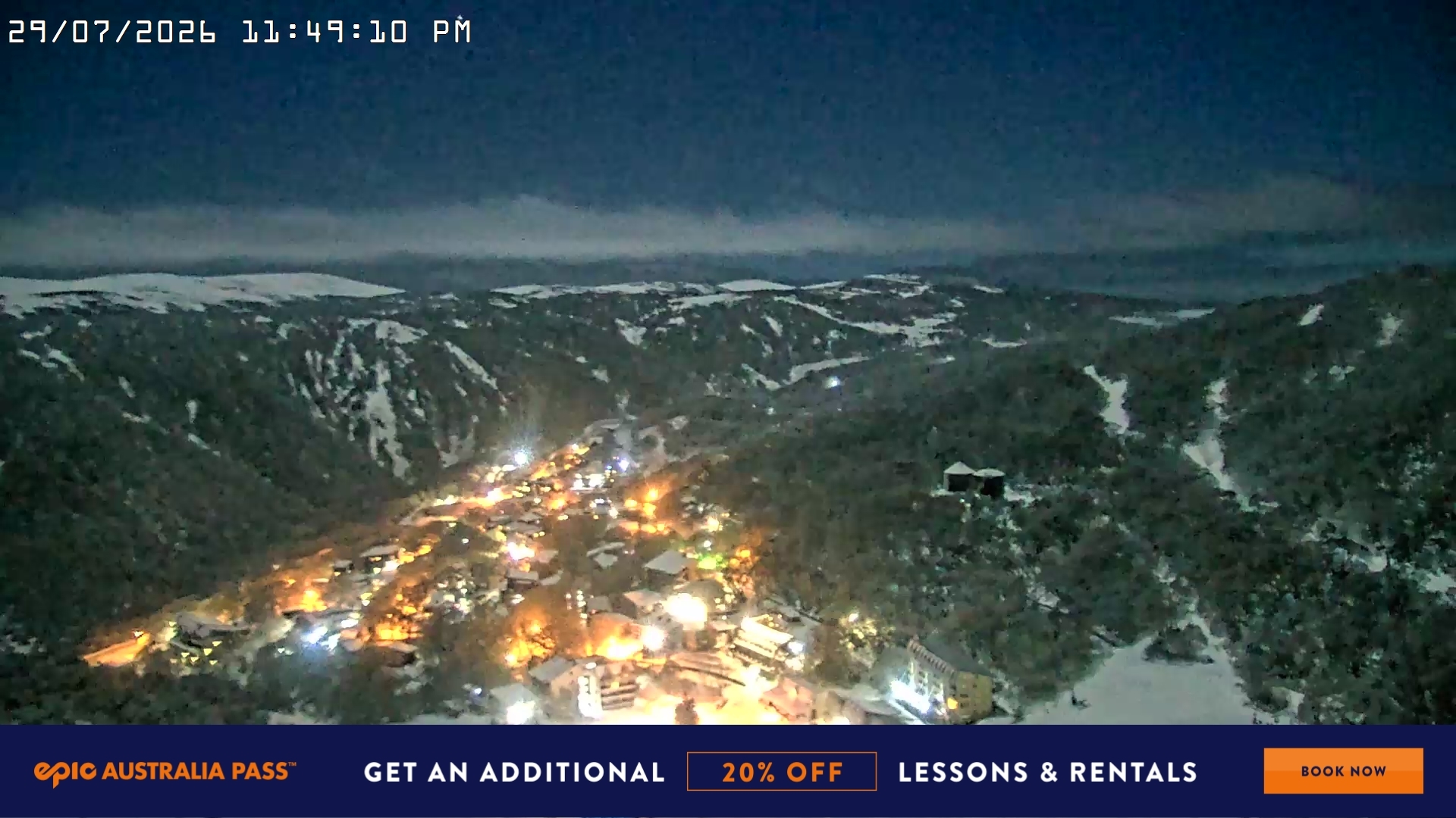 Falls Creek Village View snow cam captured at 29 July 2026 at 11:57 pm AEST